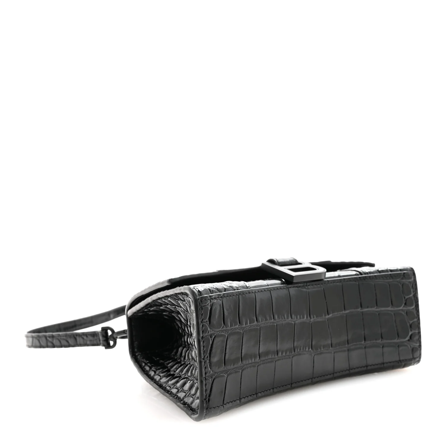 Shiny Calfskin Monochrome Crocodile Embossed Hourglass Top Handle Bag XS Black - Image 4