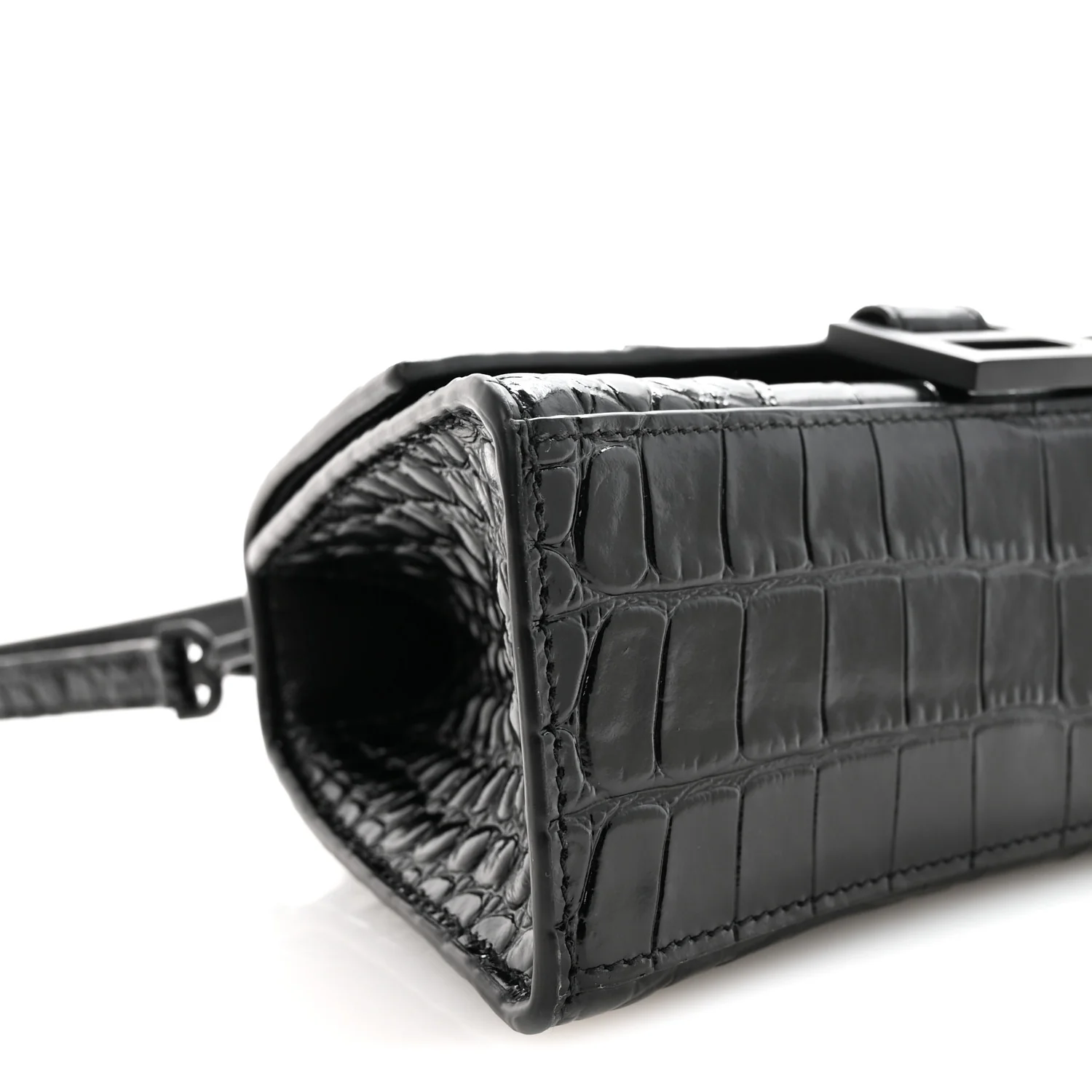 Shiny Calfskin Monochrome Crocodile Embossed Hourglass Top Handle Bag XS Black - Image 8