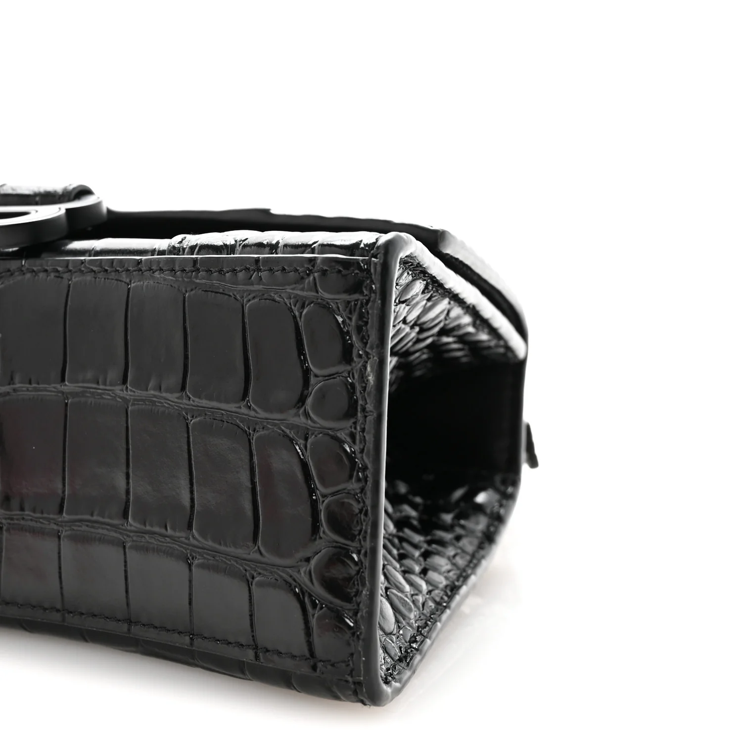 Shiny Calfskin Monochrome Crocodile Embossed Hourglass Top Handle Bag XS Black - Image 9
