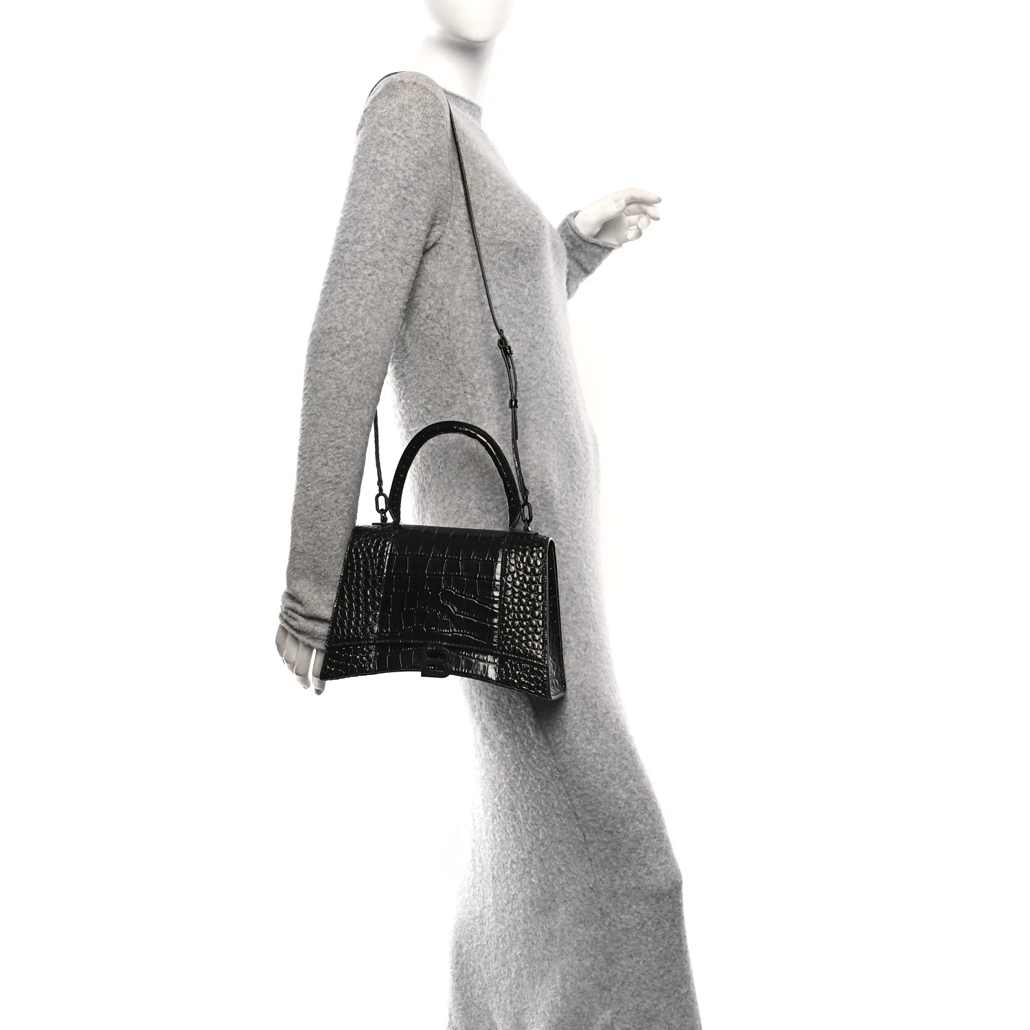 Shiny Calfskin Monochrome Crocodile Embossed Medium Hourglass Top Handle Bag Black - Image 2