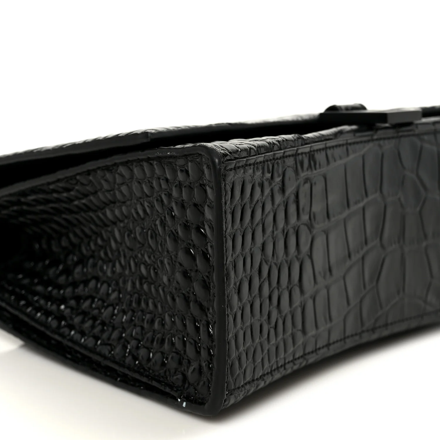 Shiny Calfskin Monochrome Crocodile Embossed Medium Hourglass Top Handle Bag Black - Image 9