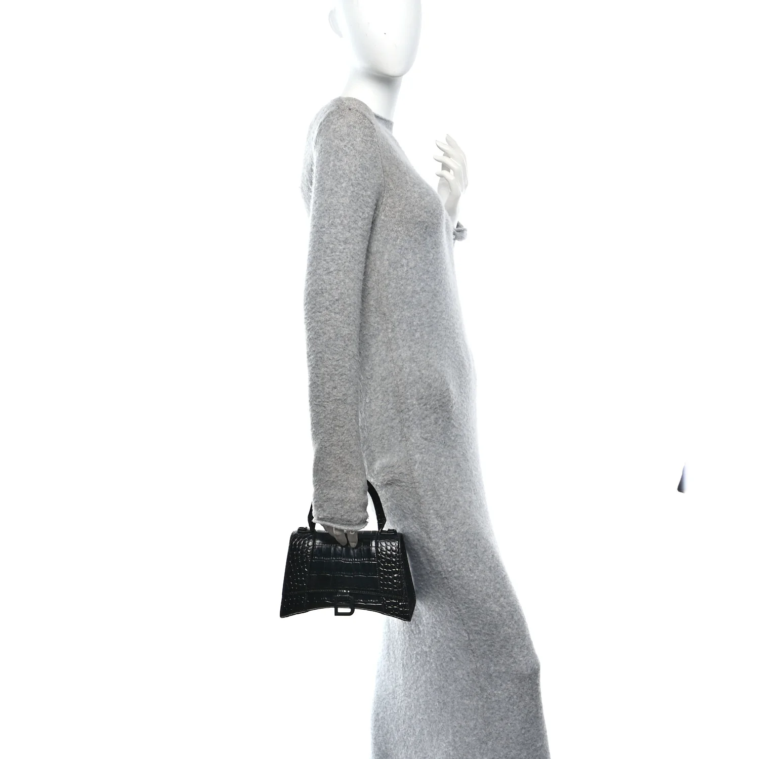 Shiny Calfskin Monochrome Crocodile Embossed Small Hourglass Top Handle Bag Black - Image 2