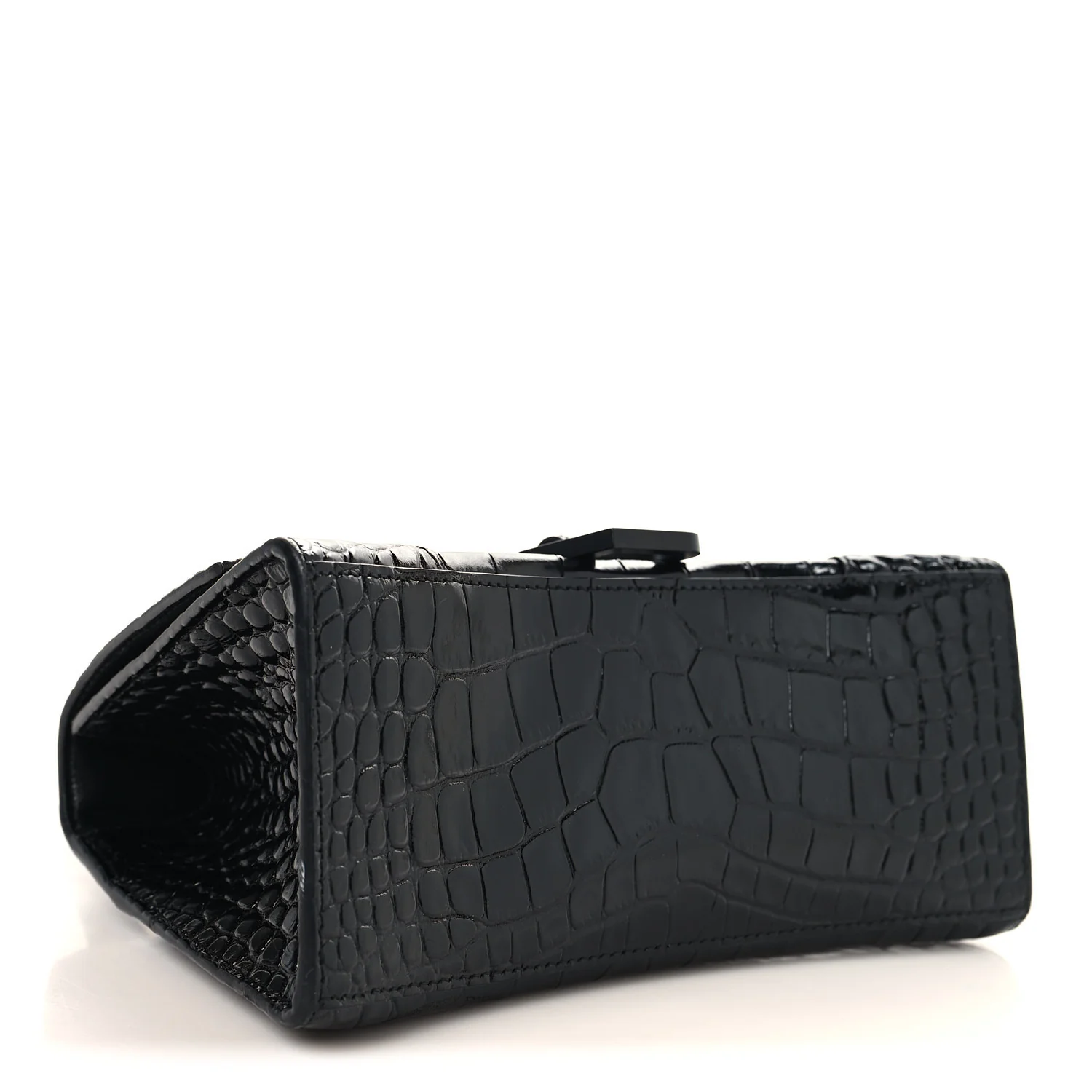 Shiny Calfskin Monochrome Crocodile Embossed Small Hourglass Top Handle Bag Black - Image 4