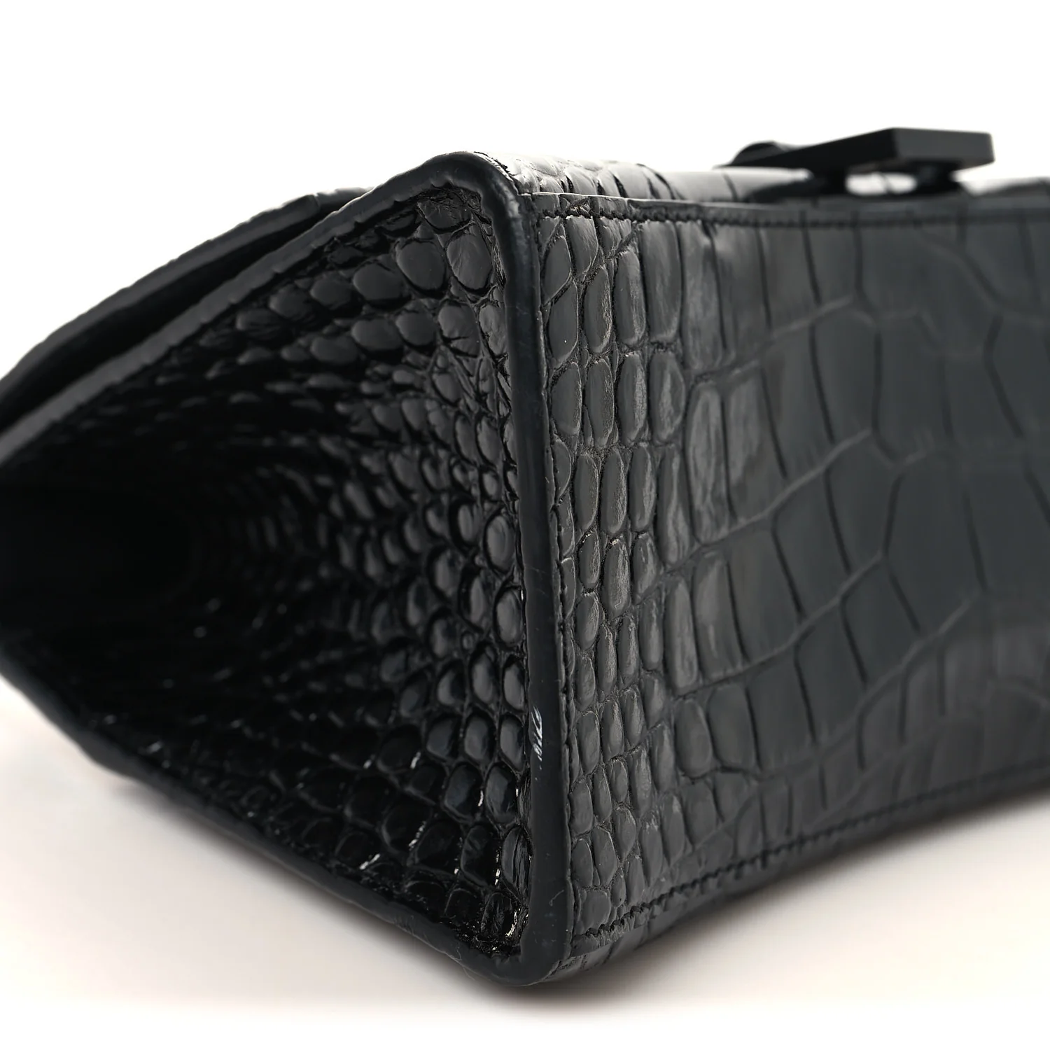 Shiny Calfskin Monochrome Crocodile Embossed Small Hourglass Top Handle Bag Black - Image 8