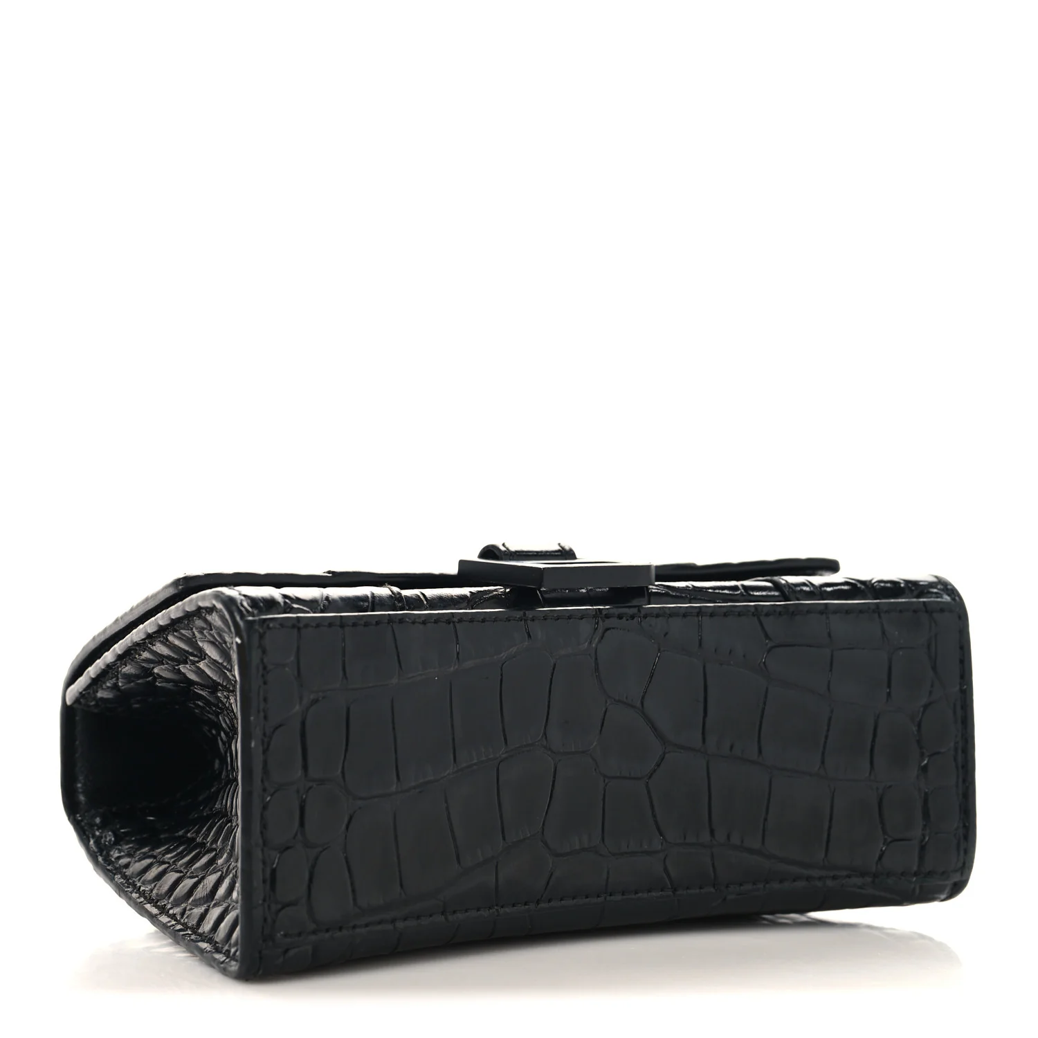 Shiny Calfskin Monochrome Crocodile Embossed Small Hourglass Top Handle Bag Black - Image 3