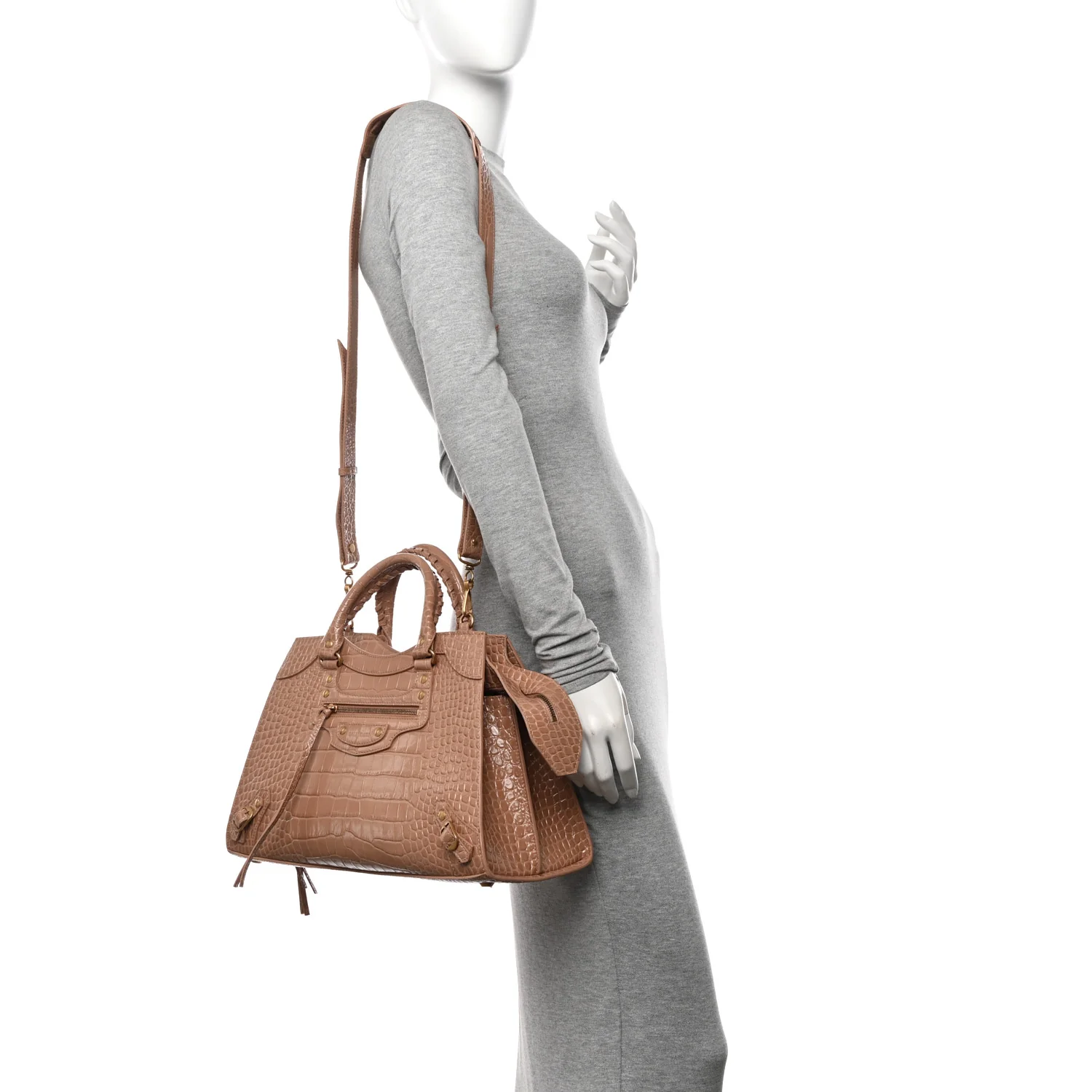 Shiny Supple Calfskin Crocodile Embossed Neo Classic Gold Hardware City Nude Beige - Image 2