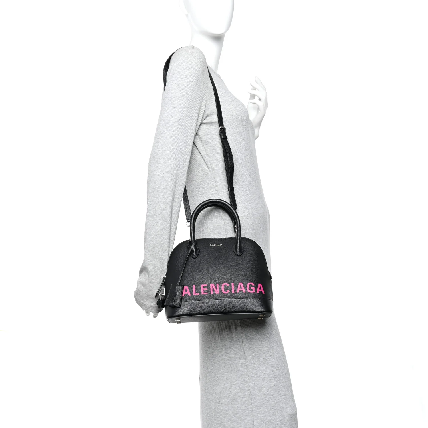 Signature Grained Calfskin Logo S Ville Top Handle Bag Black Rose Shocking - Image 2