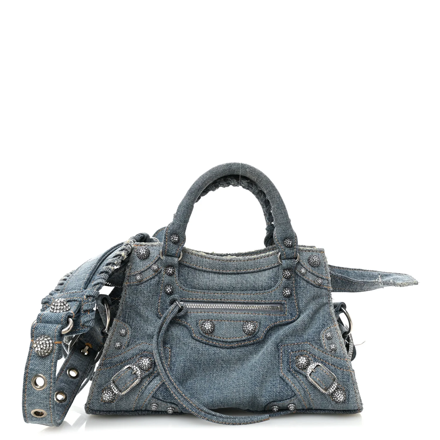 Washed Frayed Denim Crystal Neo Cagole Handbag XS Blue