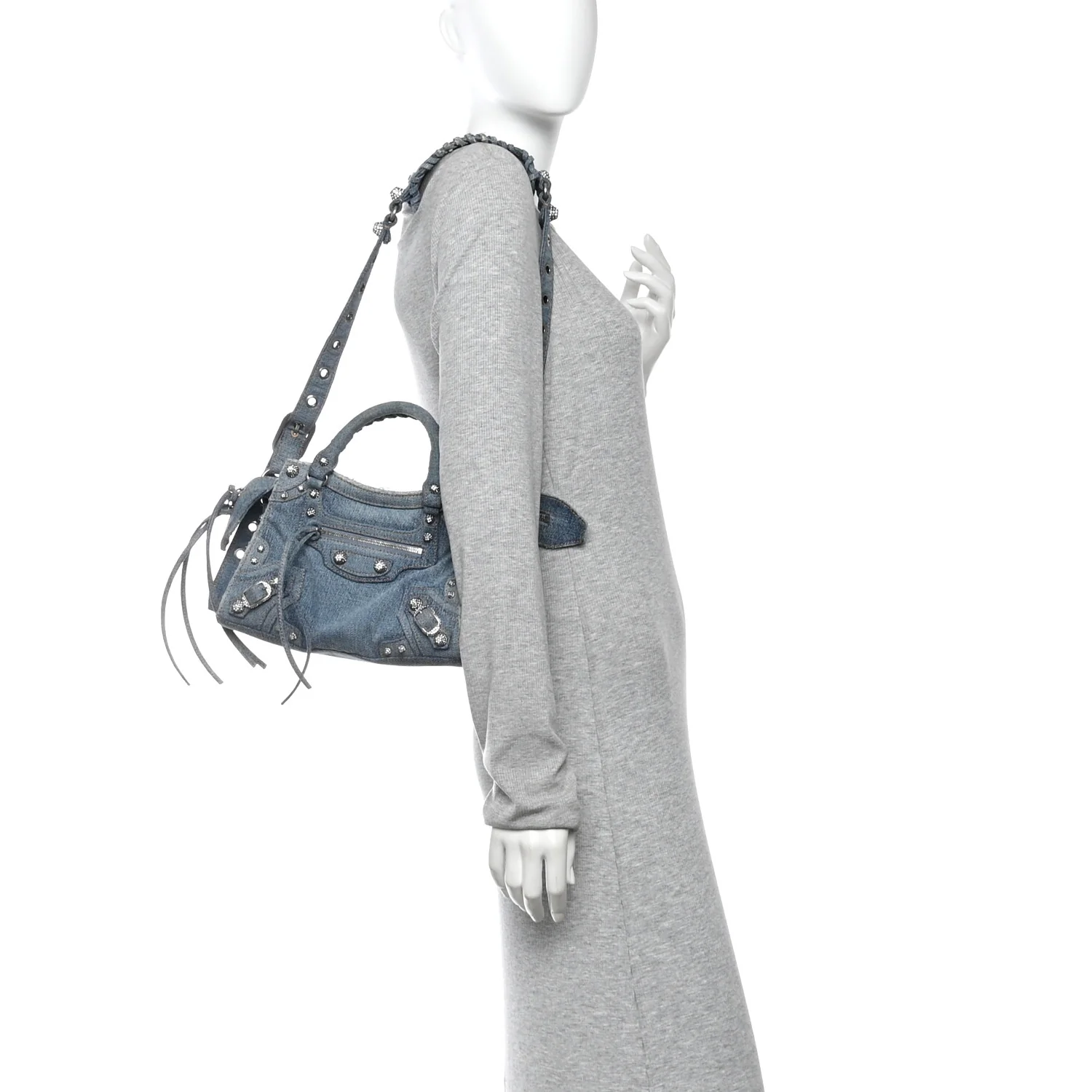 Washed Frayed Denim Crystal Neo Cagole Handbag XS Blue - Image 2