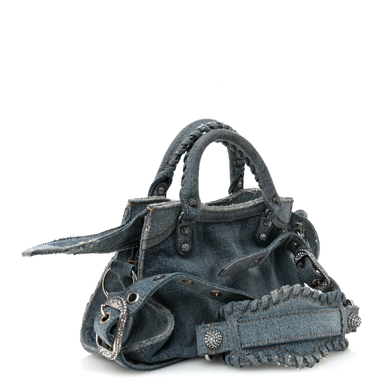 Washed Frayed Denim Crystal Neo Cagole Handbag XS Blue - Image 4
