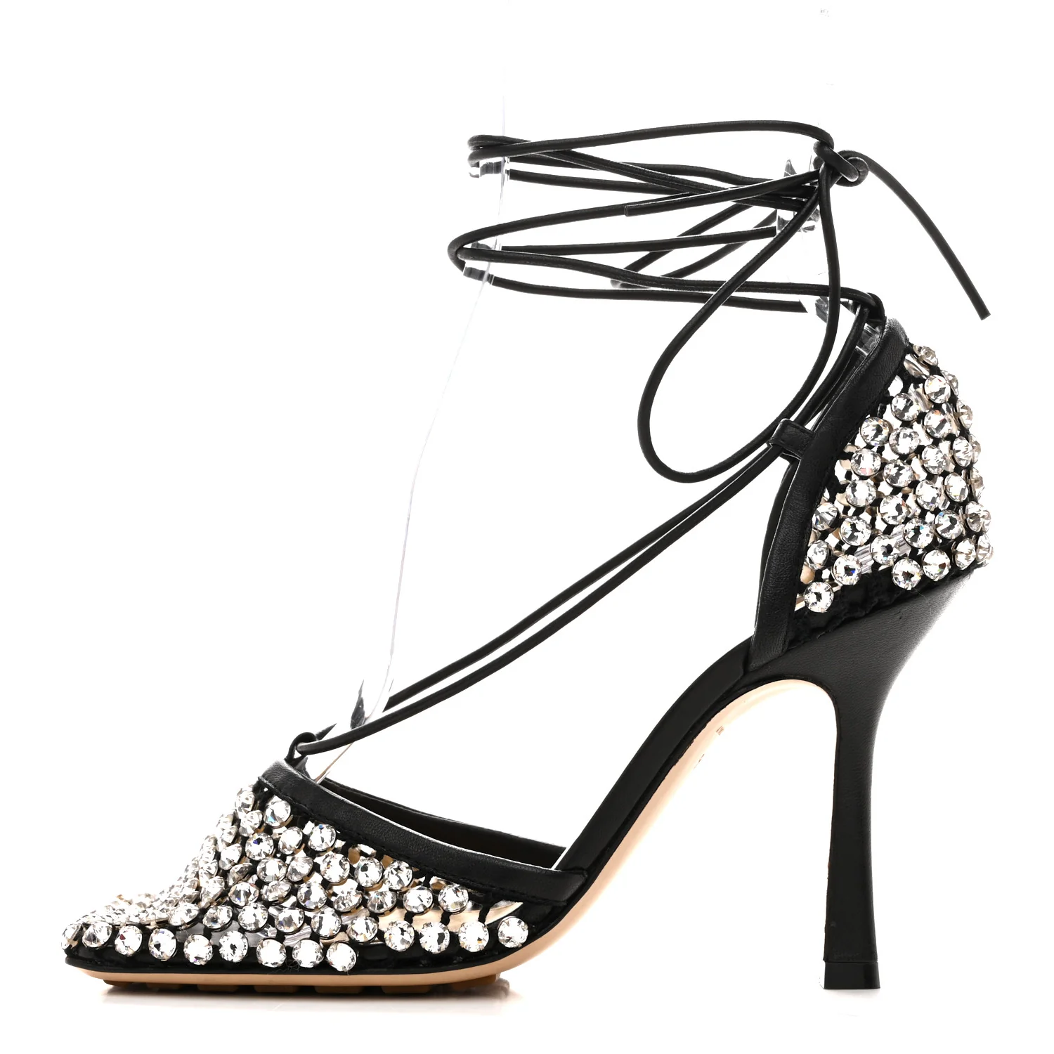 Mesh Nappa Crystal Embellished Sparkle Stretch Ankle Tie Sandals 36.5 Black