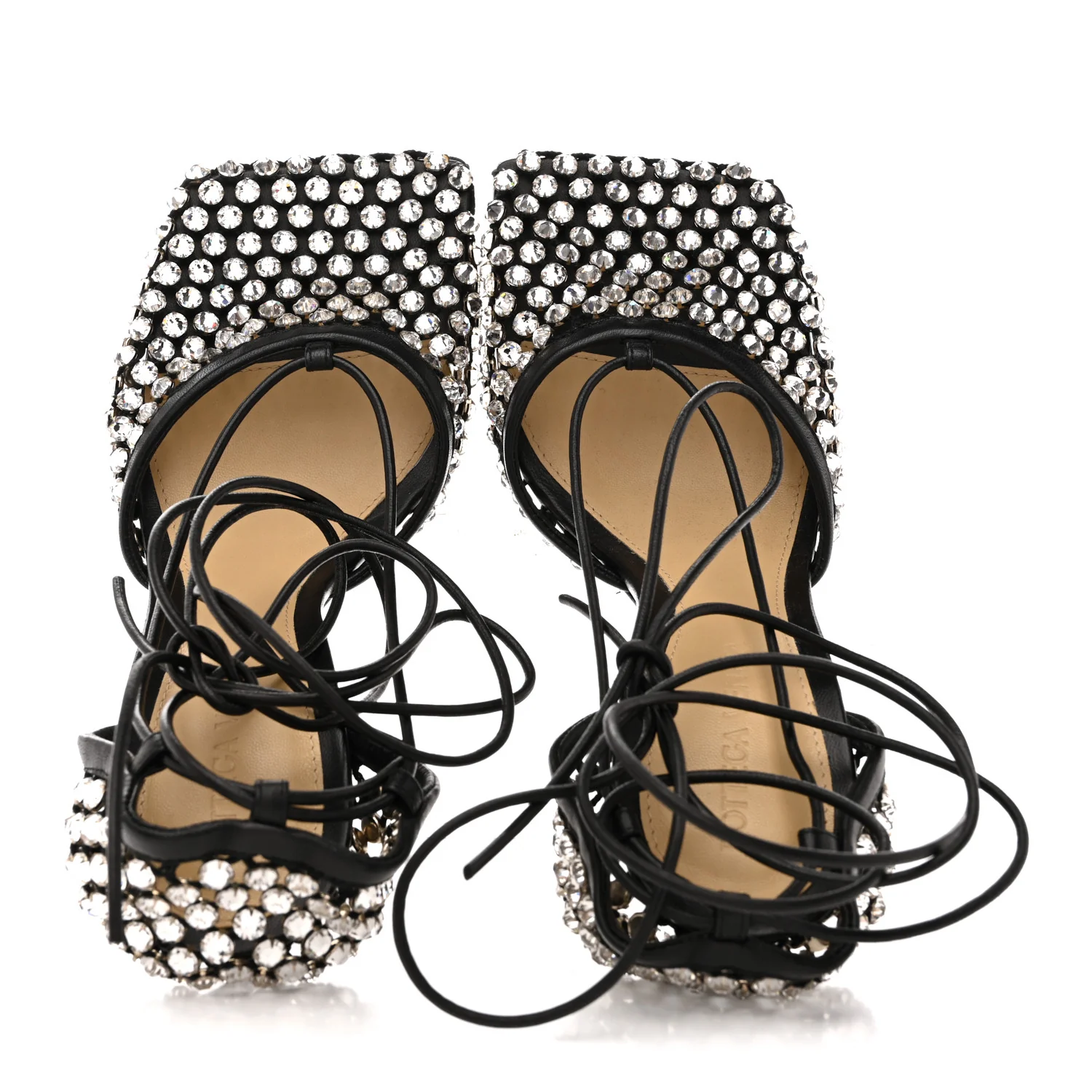 Mesh Nappa Crystal Embellished Sparkle Stretch Ankle Tie Sandals 36.5 Black - Image 2