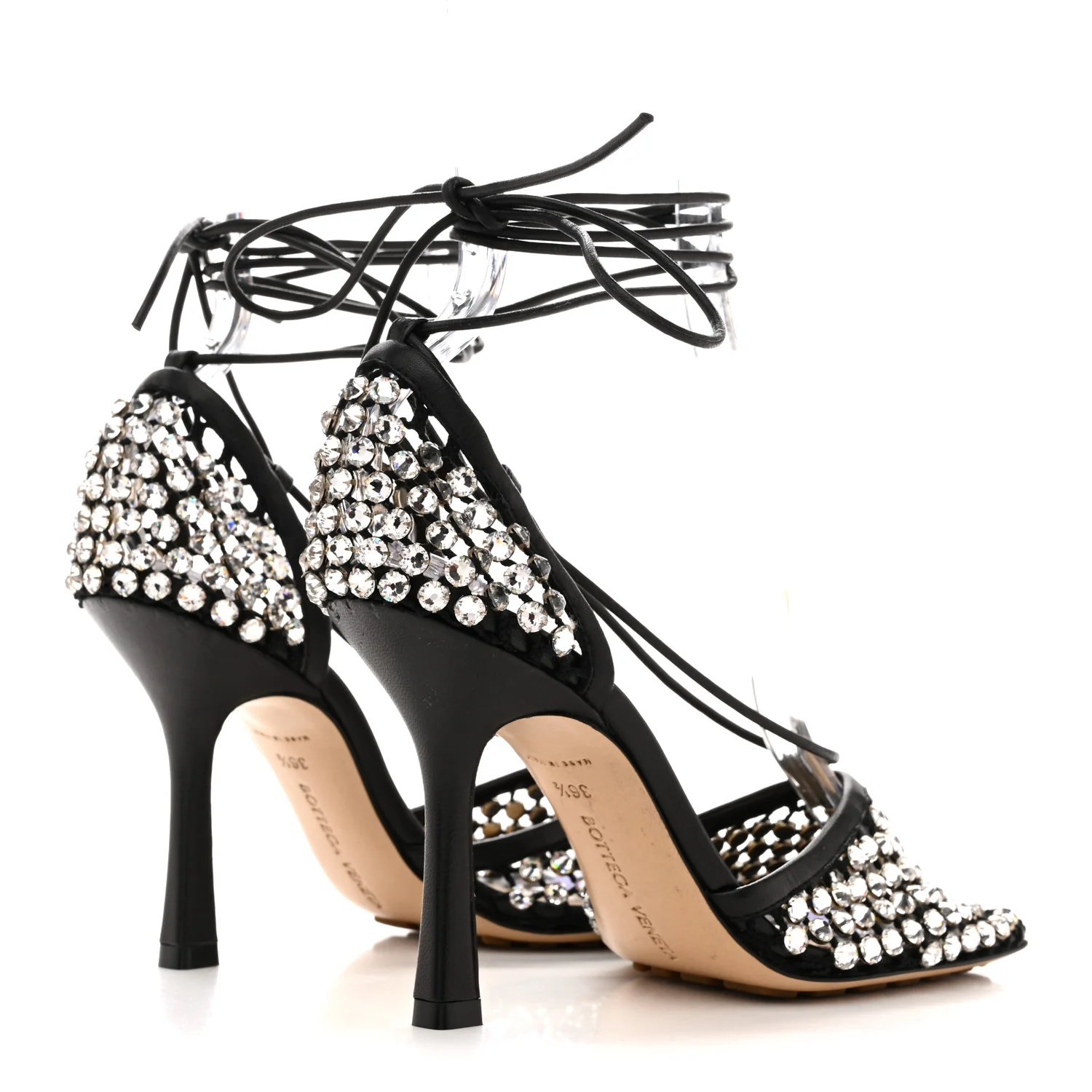 Mesh Nappa Crystal Embellished Sparkle Stretch Ankle Tie Sandals 36.5 Black - Image 5