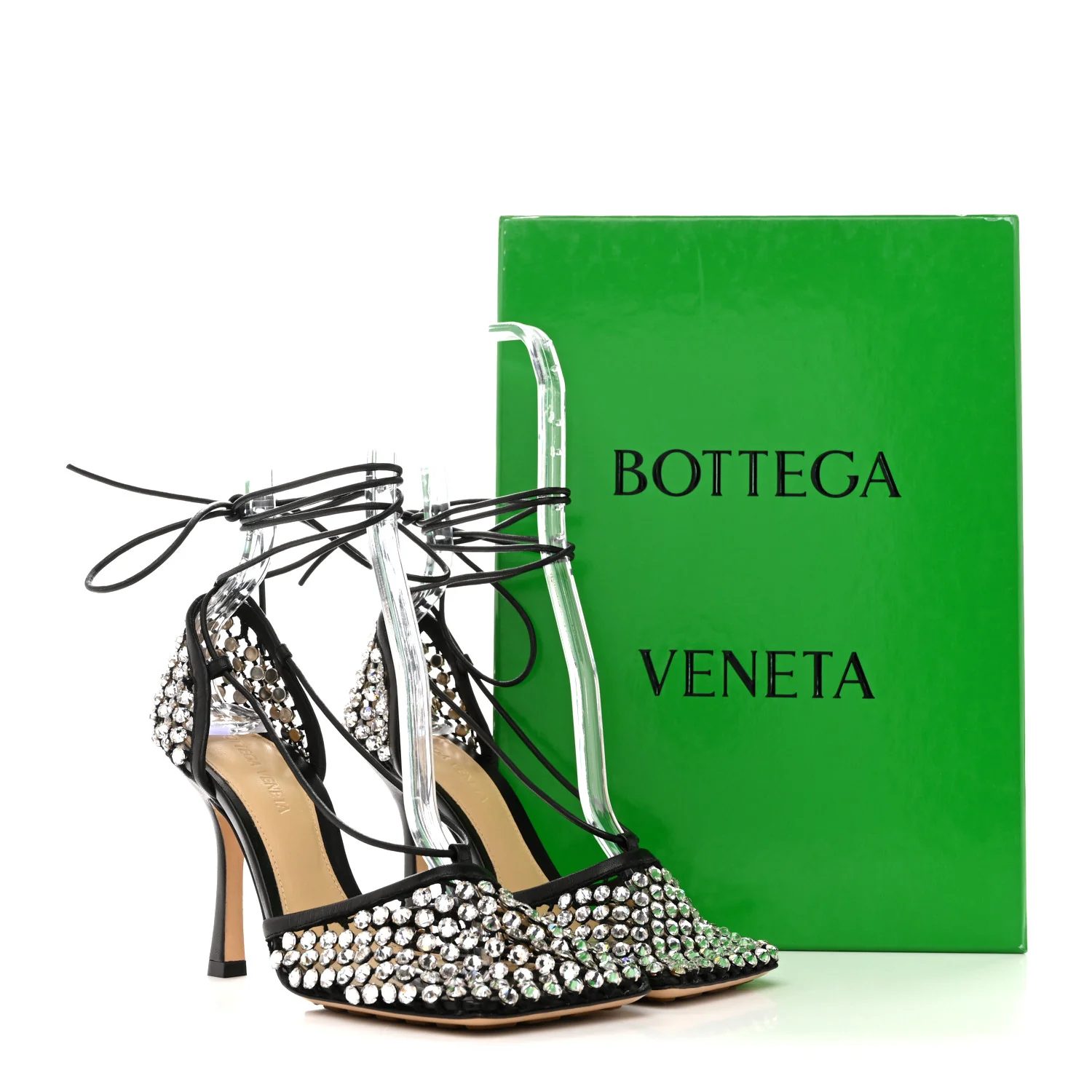 Mesh Nappa Crystal Embellished Sparkle Stretch Ankle Tie Sandals 36.5 Black - Image 9