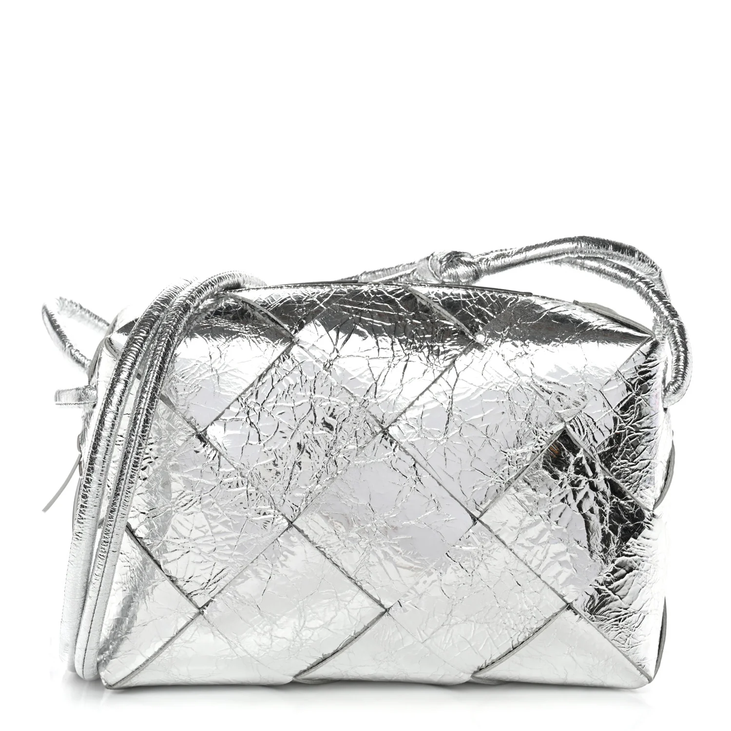 Metallic Crinkled Lambskin Maxi Intrecciato Small Cassette Camera Bag Silver