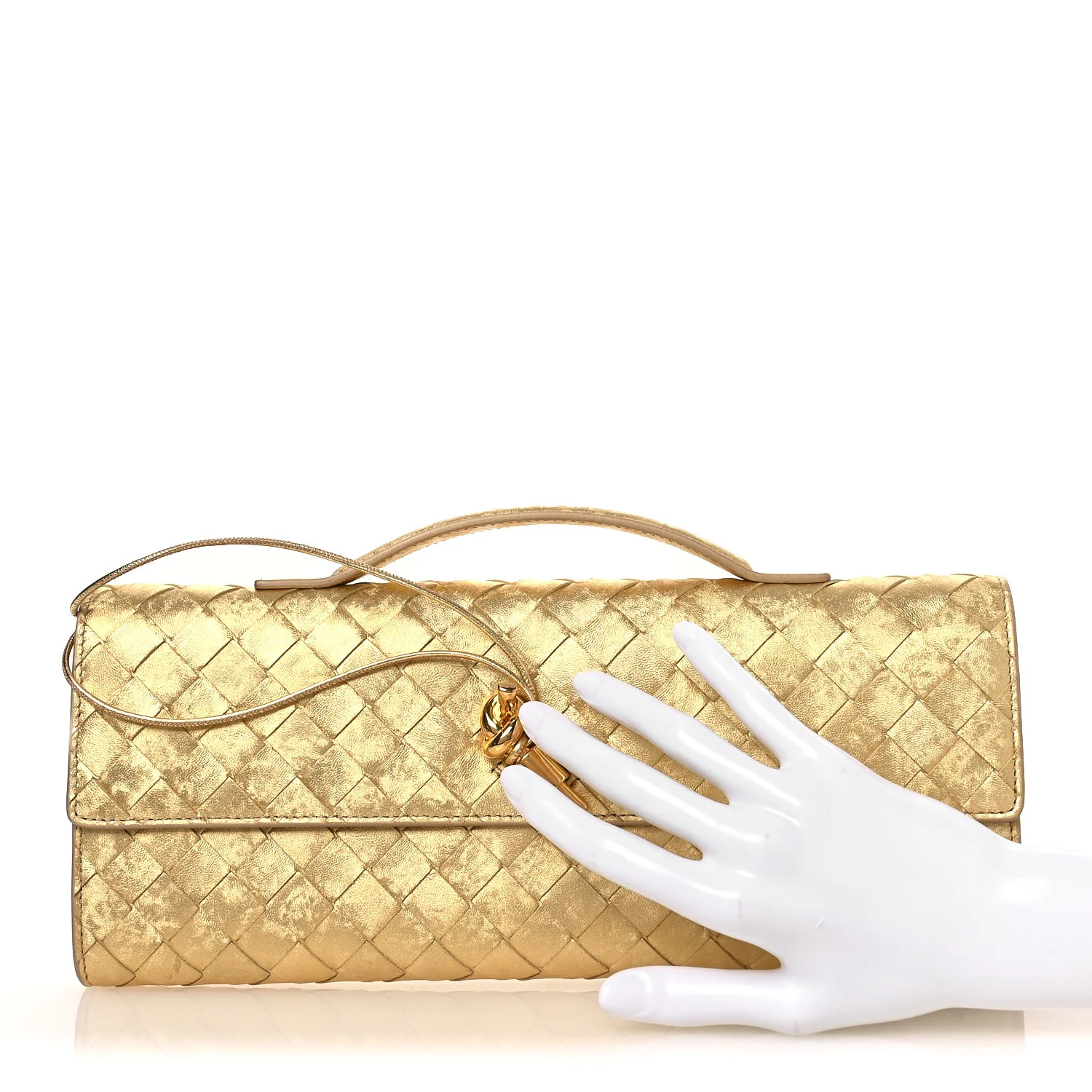 Metallic Satin Lambskin Intrecciato Long Andiamo Top Handle Clutch Gold - Image 2