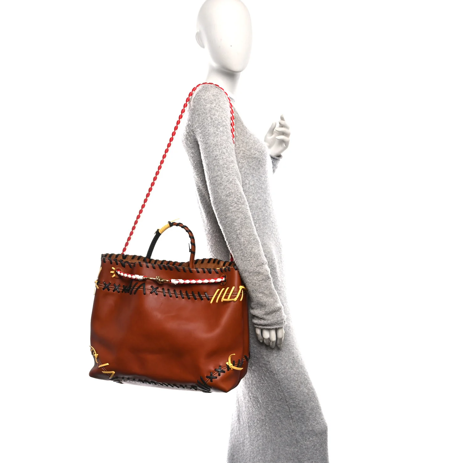 Silky Calfskin Whipstitch Large Andiamo Shoulder Bag Brown Multicolor - Image 2