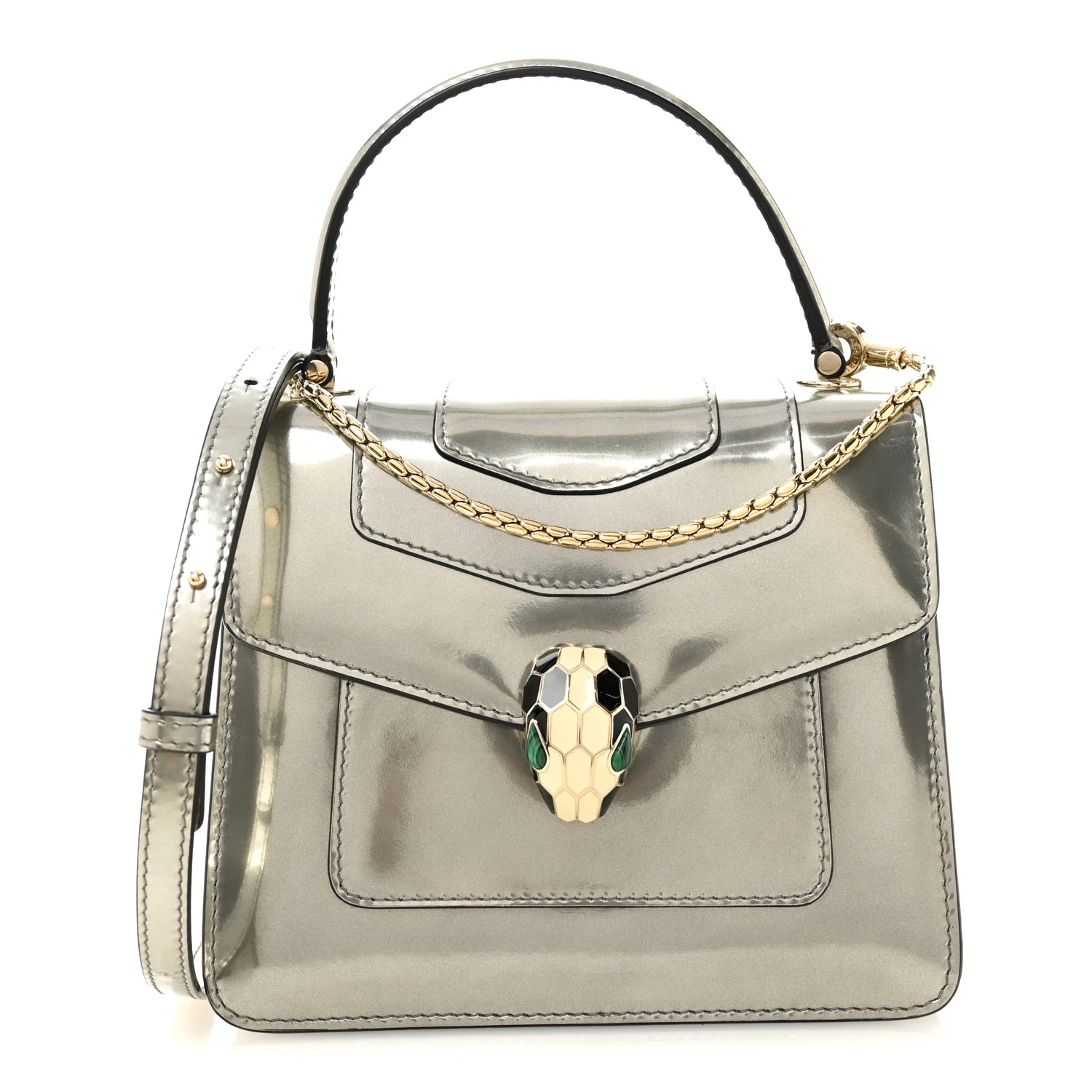 Metallic Calfskin Serpenti Forever Top Handle Silver