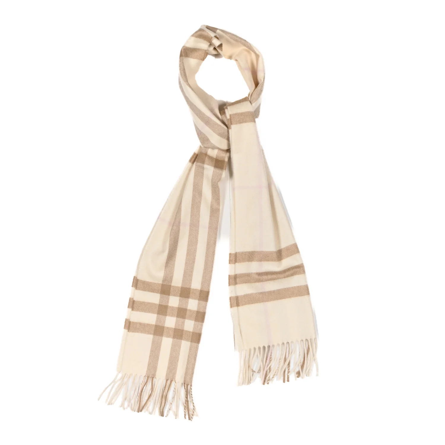 Cashmere Giant Check Fringe Scarf White Alabaster