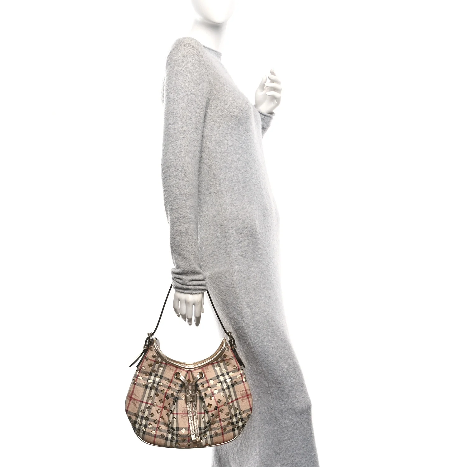 Haymarket Check Calfskin Claudia Drawstring Hobo Gold - Image 2