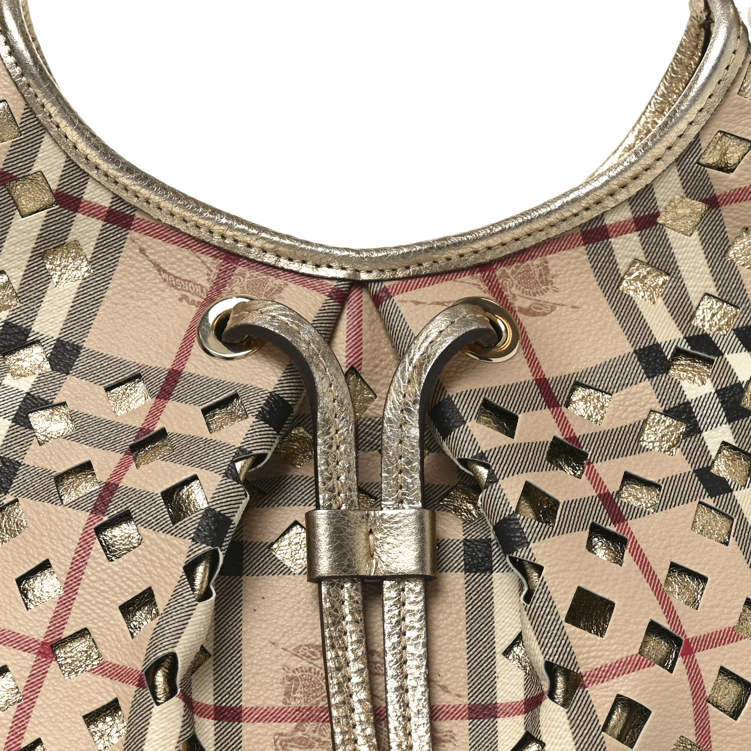 Haymarket Check Calfskin Claudia Drawstring Hobo Gold - Image 8