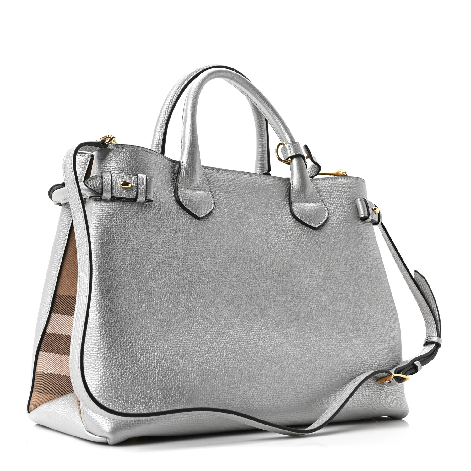 Metallic Grainy Calfskin House Check Medium Banner Tote Silver - Image 4