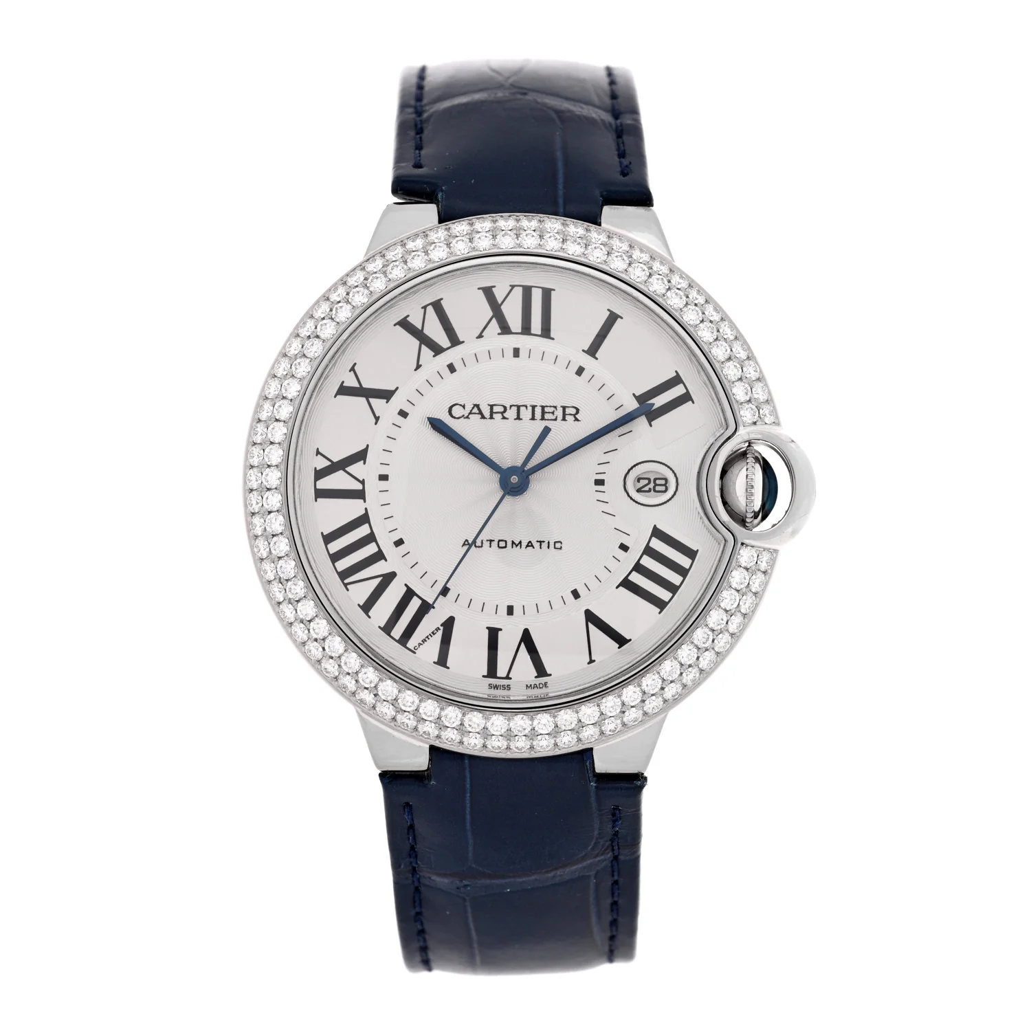 18K White Gold Alligator Diamond Pave Bezel 42mm Ballon Bleu De Cartier Automatic Watch