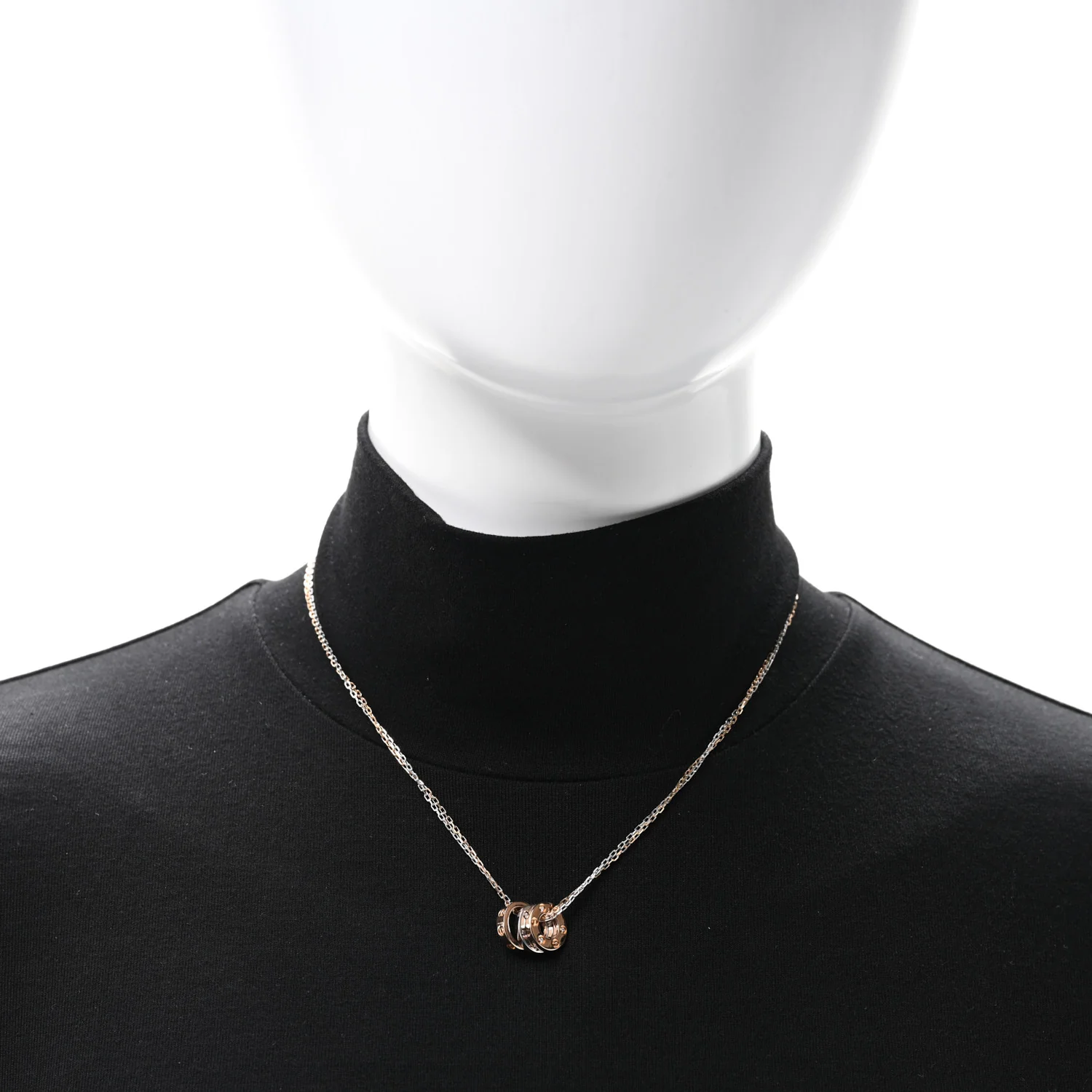 18K White Pink Gold Diamond Three Ring LOVE Pendant Necklace - Image 2