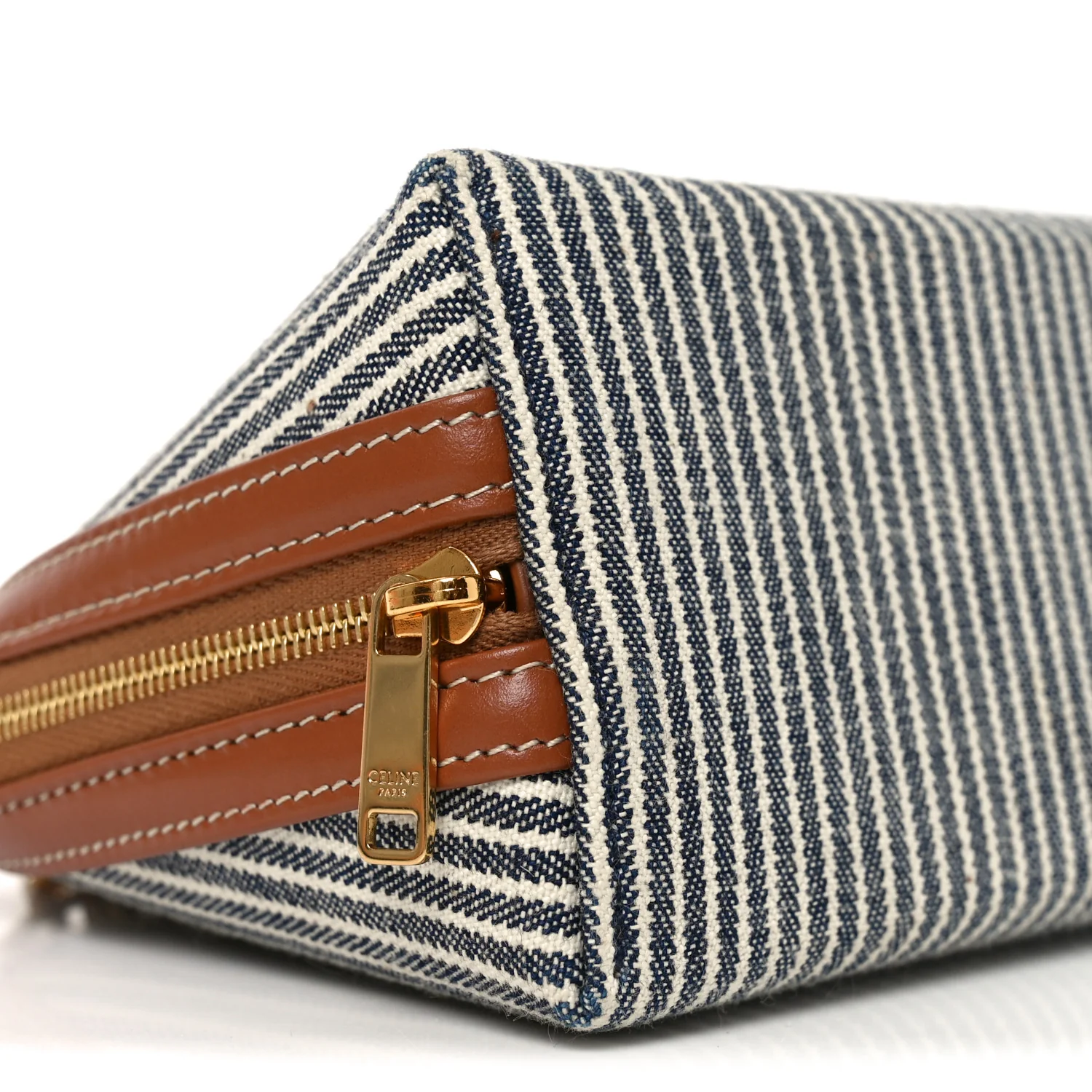 Canvas Calfskin Striped Triomphe Clutch On Chain Navy Blue Tan - Image 8
