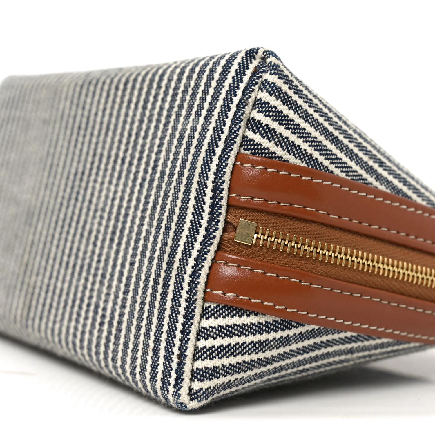 Canvas Calfskin Striped Triomphe Clutch On Chain Navy Blue Tan - Image 9