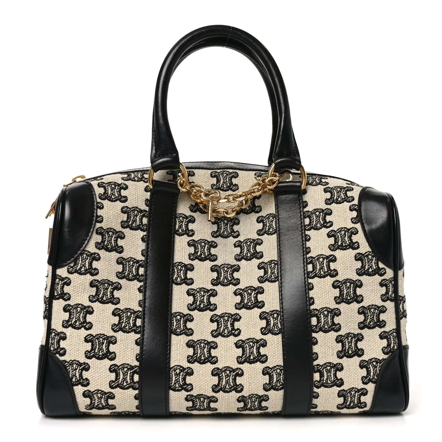 Canvas Calfskin Triomphe Embroidered Boston Bag Black
