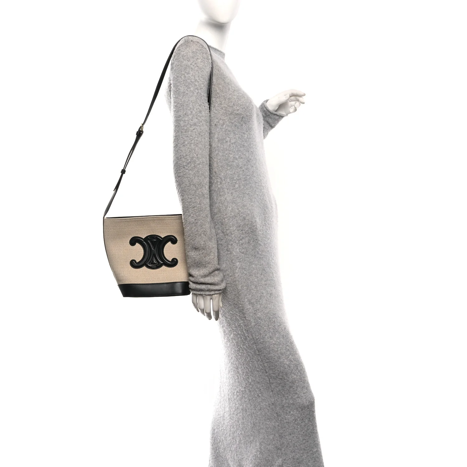 Canvas Calfskin Triomphe Small Bucket Bag Vanilla Black - Image 2