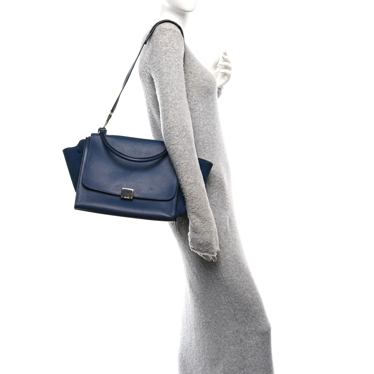 Drummed Calfskin Suede Medium Trapeze Navy Blue - Image 3