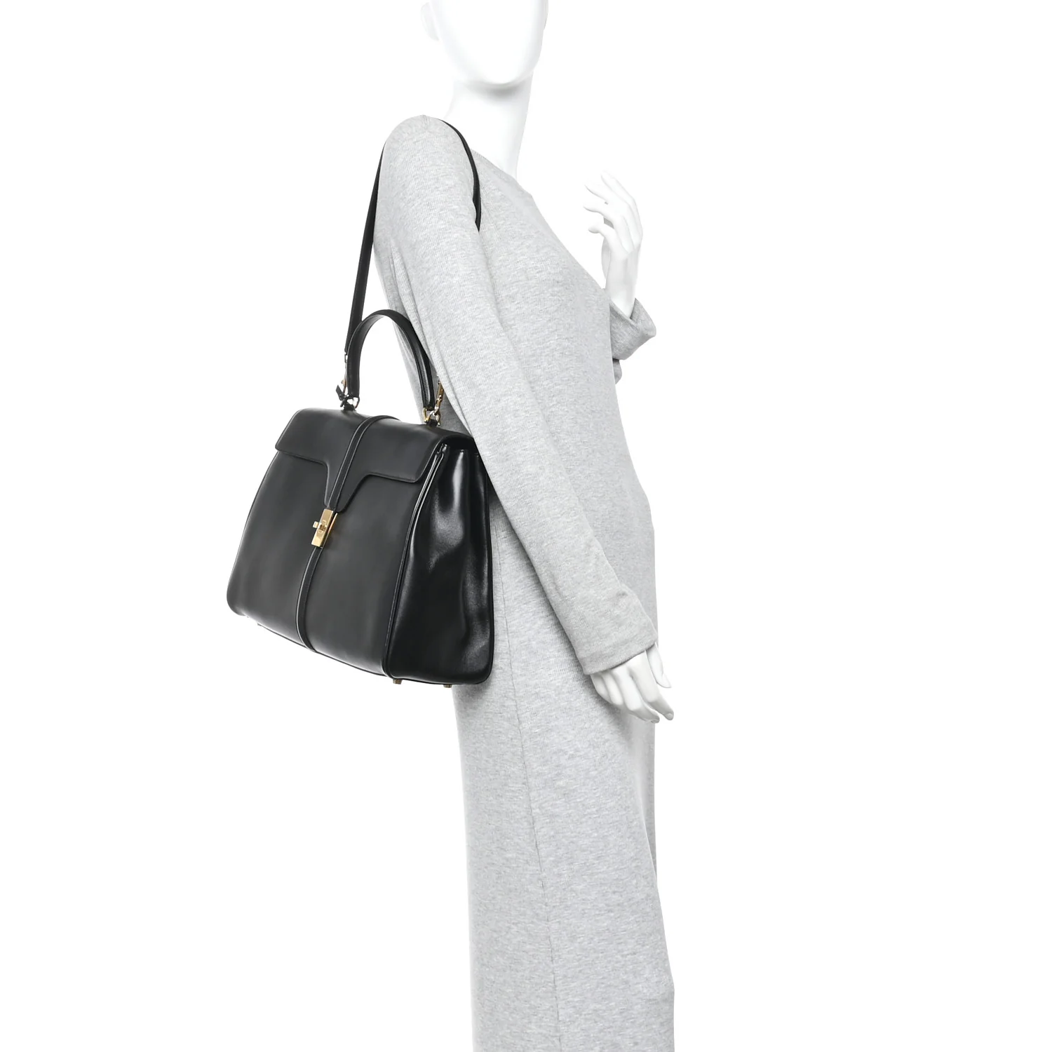 Satinated Calfskin Large 16 Top Handle Bag Black - Image 2