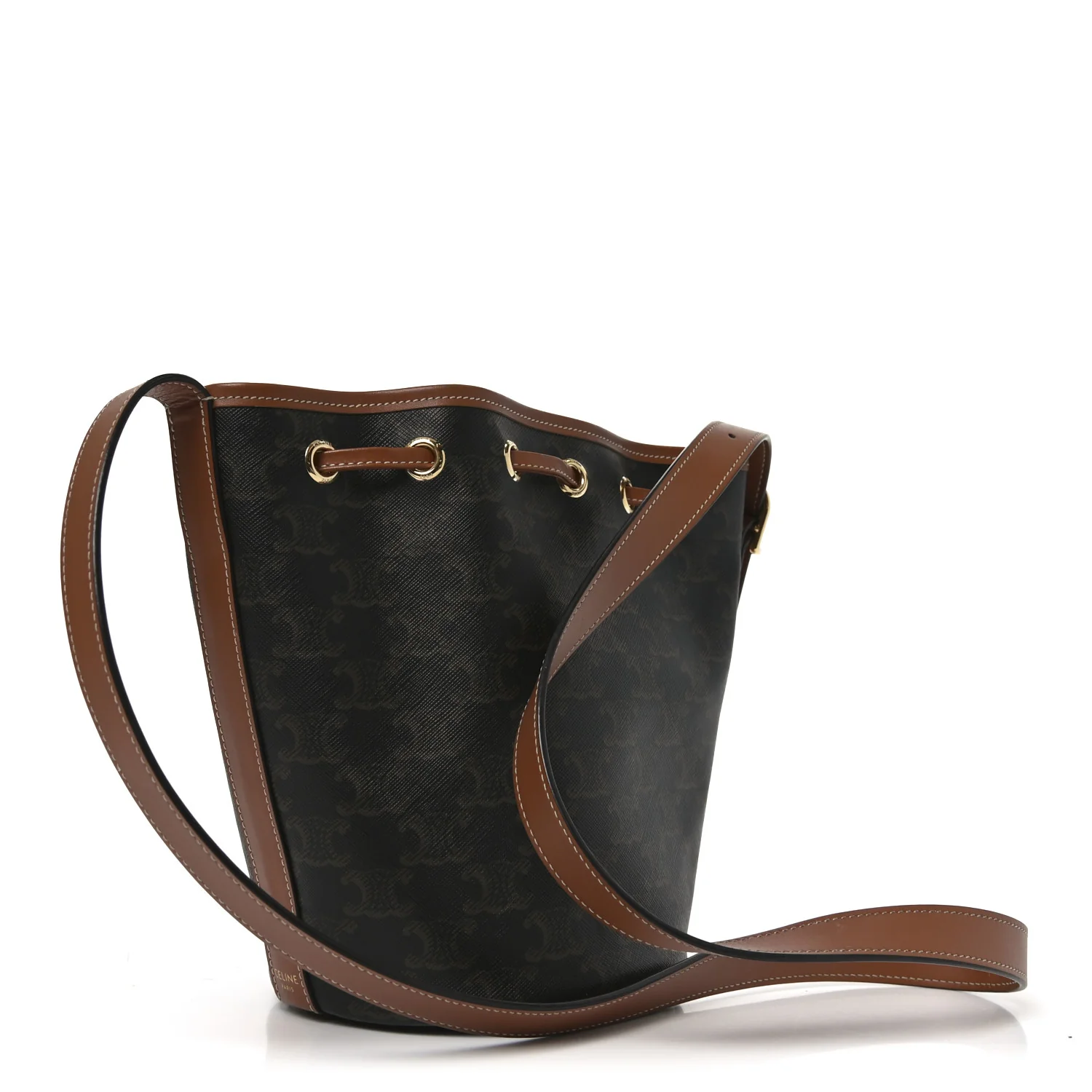 Triomphe Canvas Calfskin Small Drawstring Bucket Bag Tan - Image 3