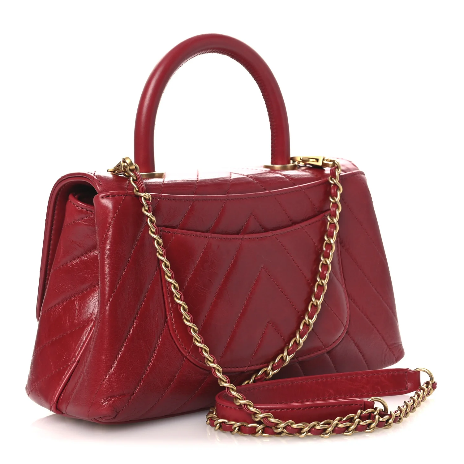 Aged Calfskin Chevron Quilted Mini Coco Handle Flap Red - Image 3