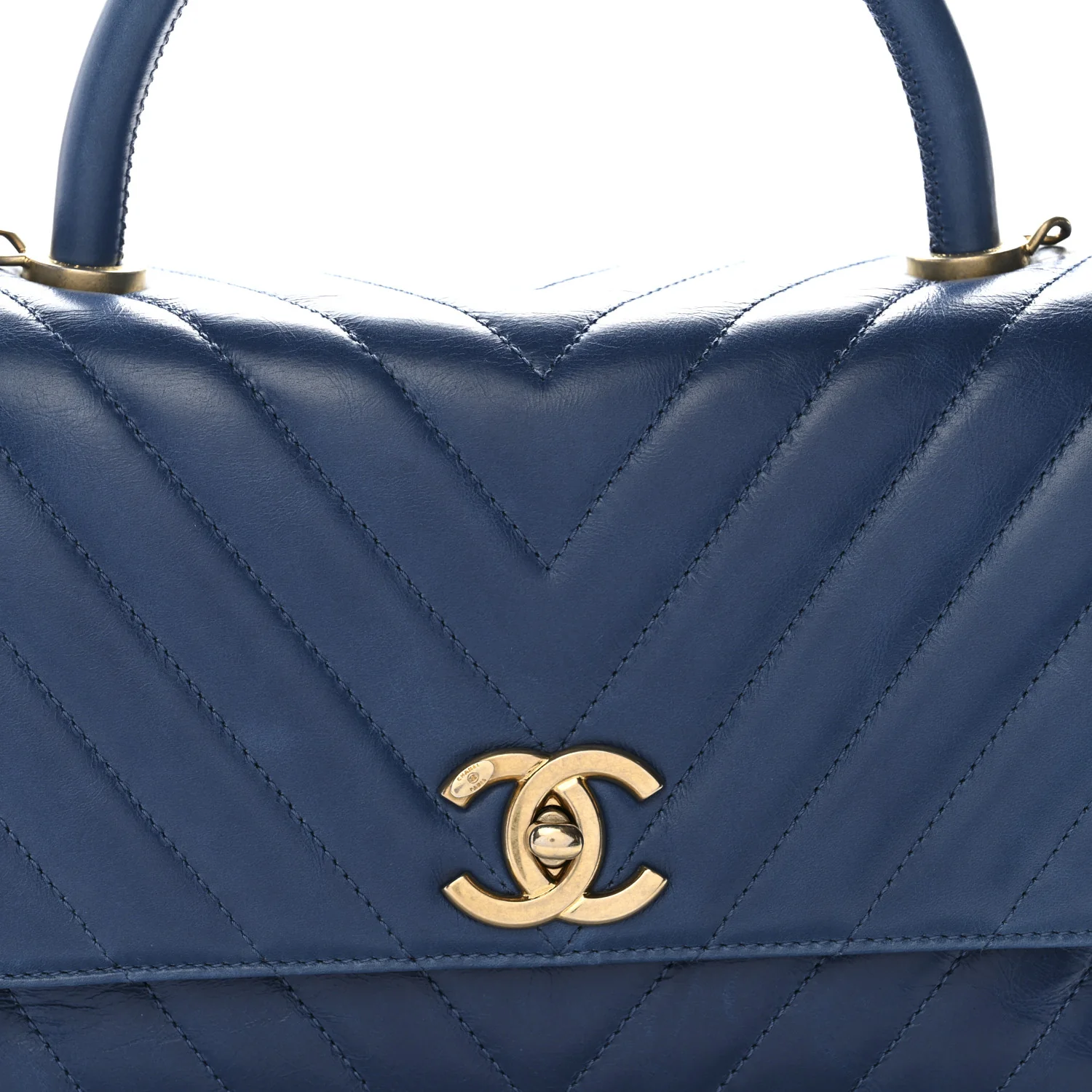 Aged Calfskin Chevron Quilted Small Coco Handle Flap Blue - Image 8