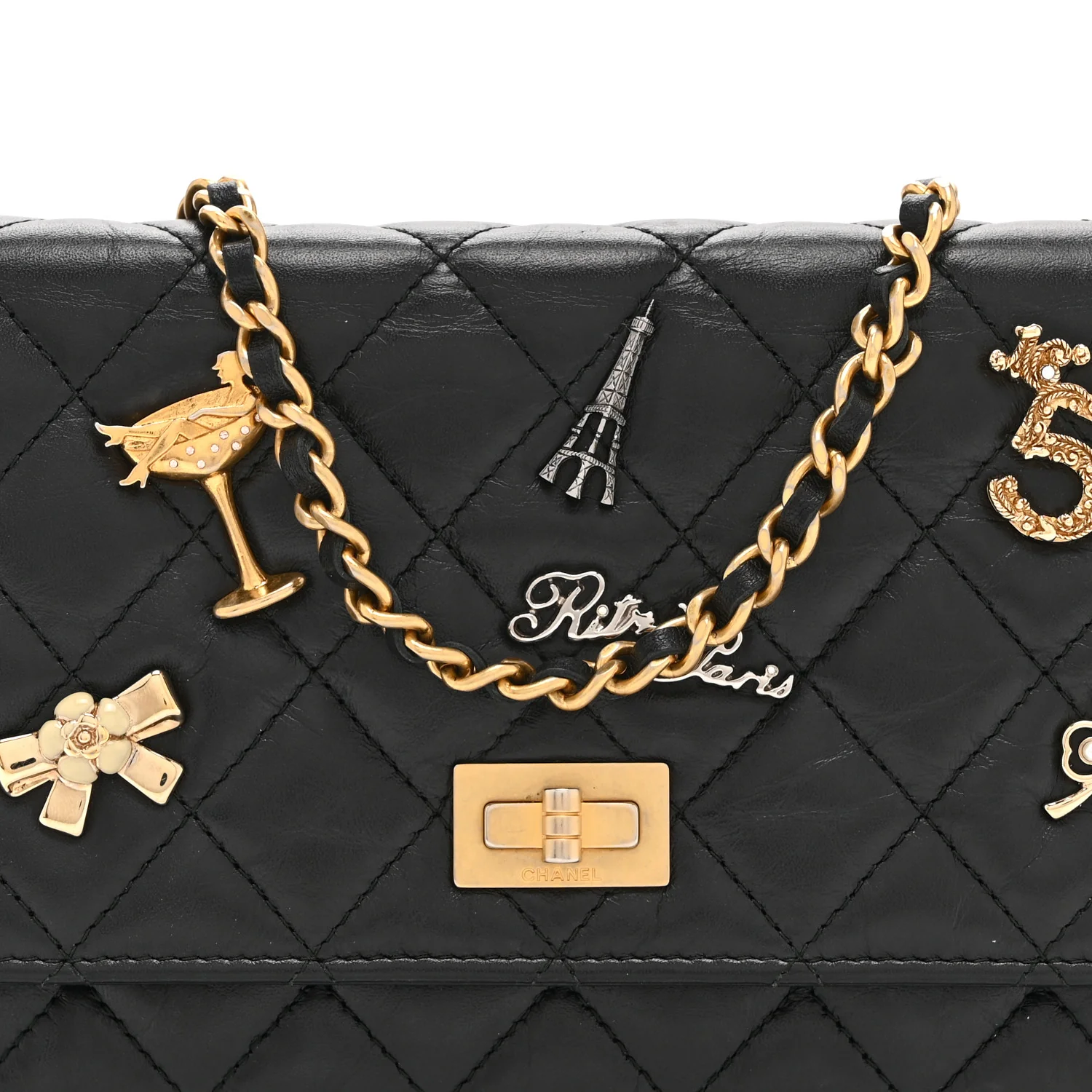 Aged Calfskin Quilted Lucky Charms 2.55 Reissue Wallet On Chain WOC Black - Image 8