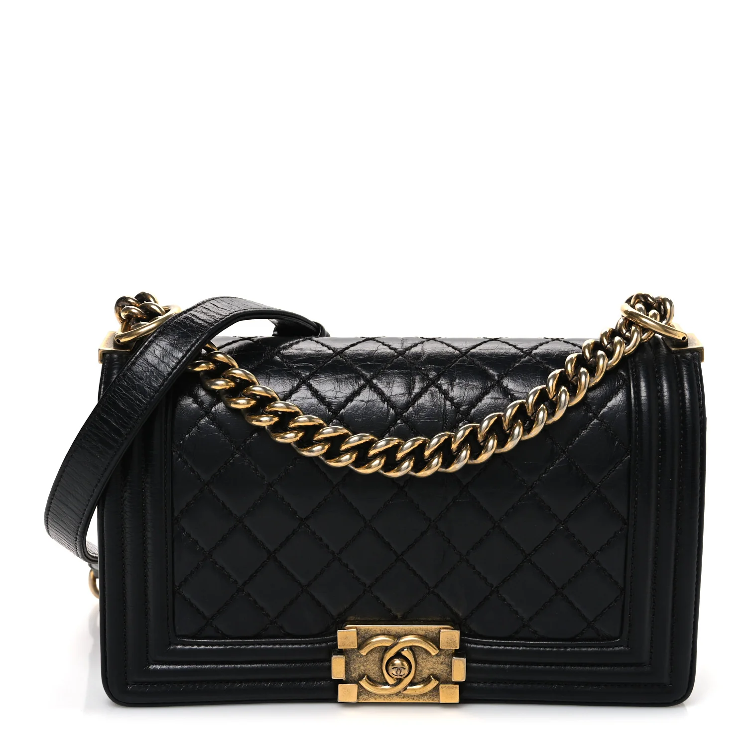 Aged Calfskin Quilted Medium Boy Flap Black