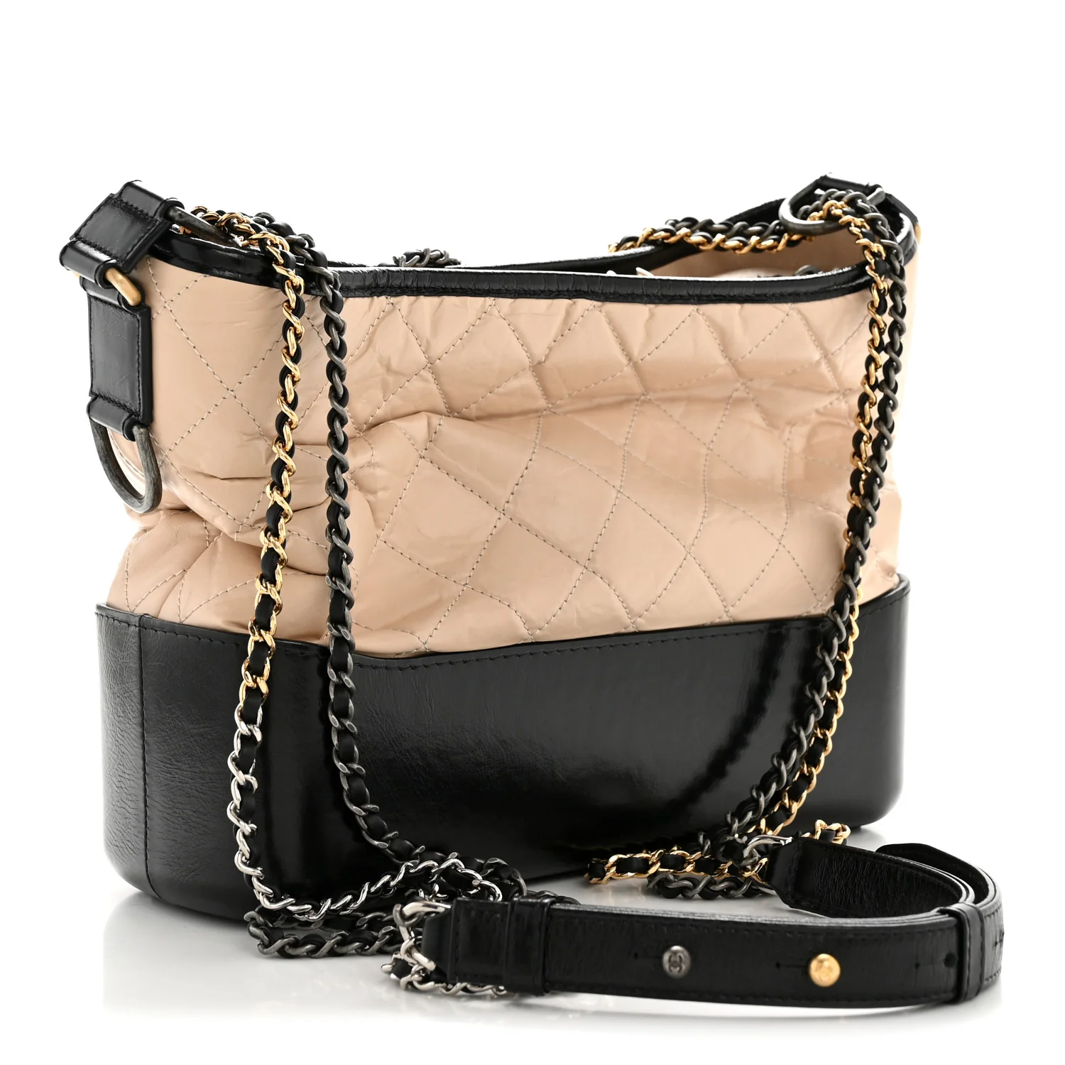 Aged Calfskin Quilted Medium Gabrielle Hobo Beige Black - Image 3