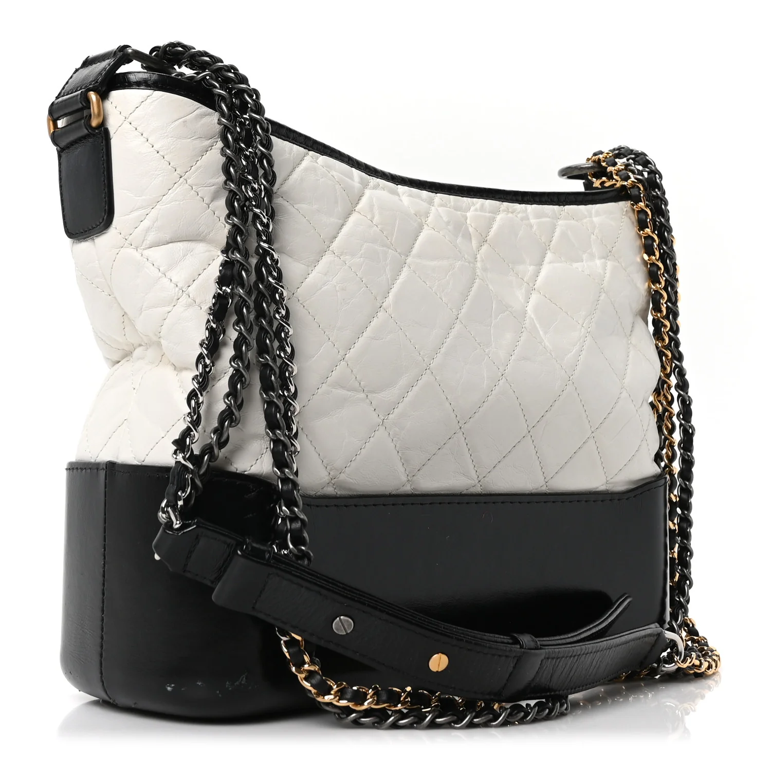 Aged Calfskin Quilted Medium Gabrielle Hobo Black White - Image 3