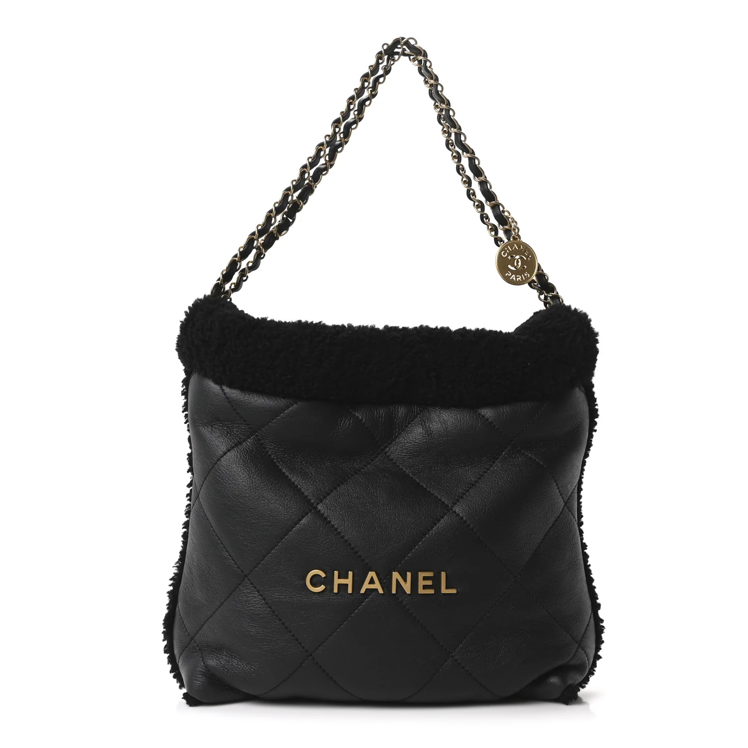 Aged Lambskin Shearling Quilted Small Chanel 22 Black