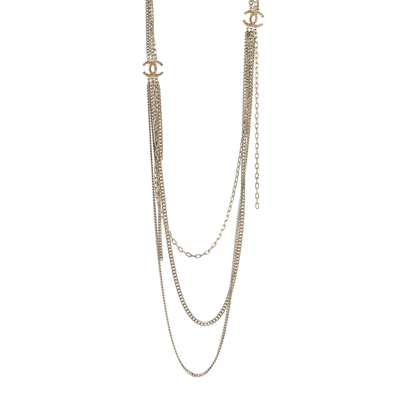 Baguette Crystal Gripoix Poured Glass CC Multi Strand Chain Necklace Light Gold - Image 2