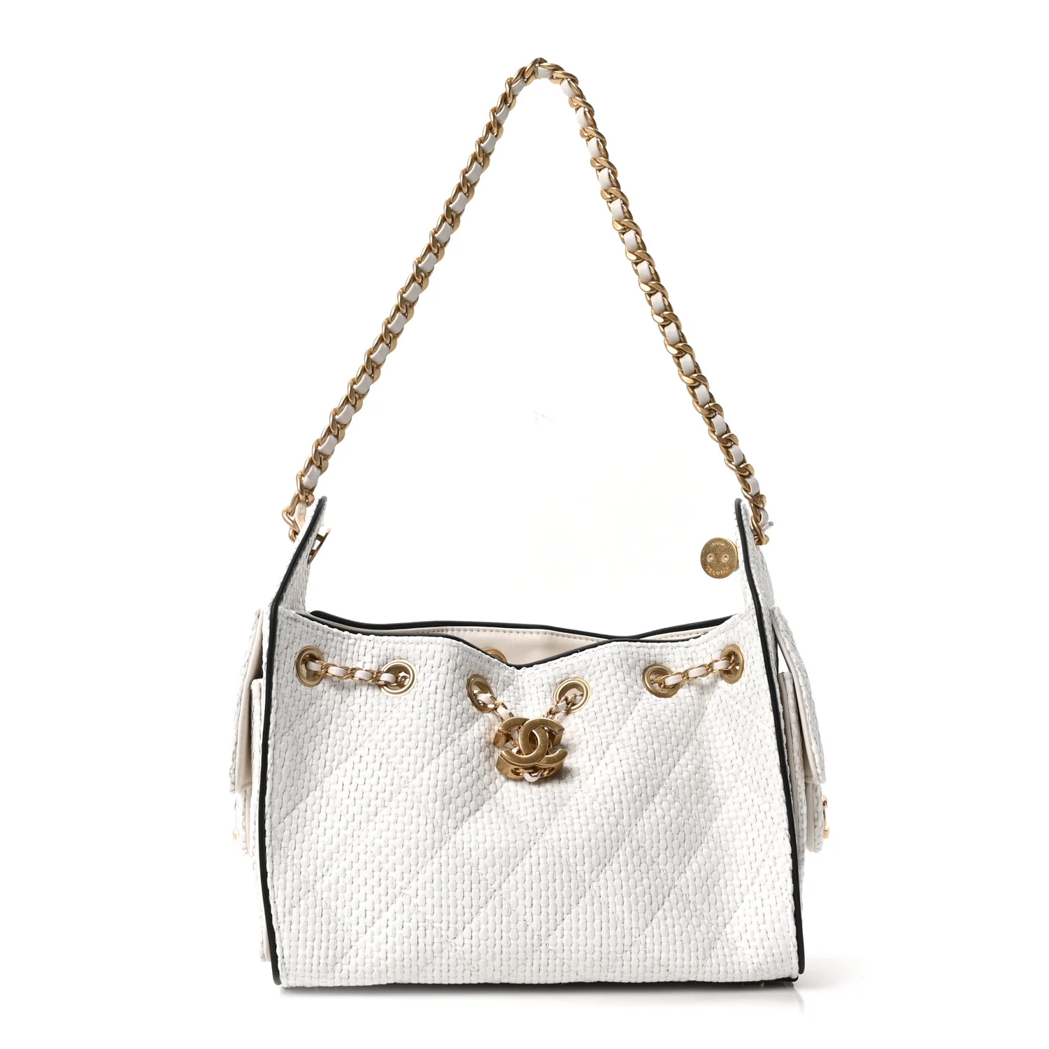 Braided Raffia Calfskin Mini Chanel 25 Handbag White Black