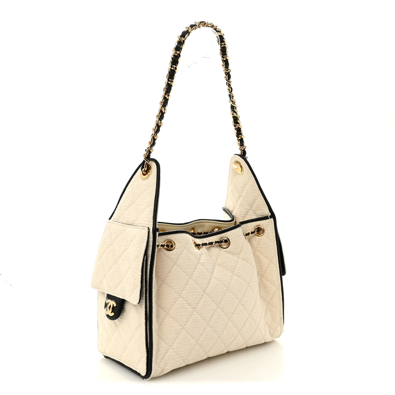 Braided Raffia Calfskin Quilted Small Chanel 25 Handbag White Black - Image 3