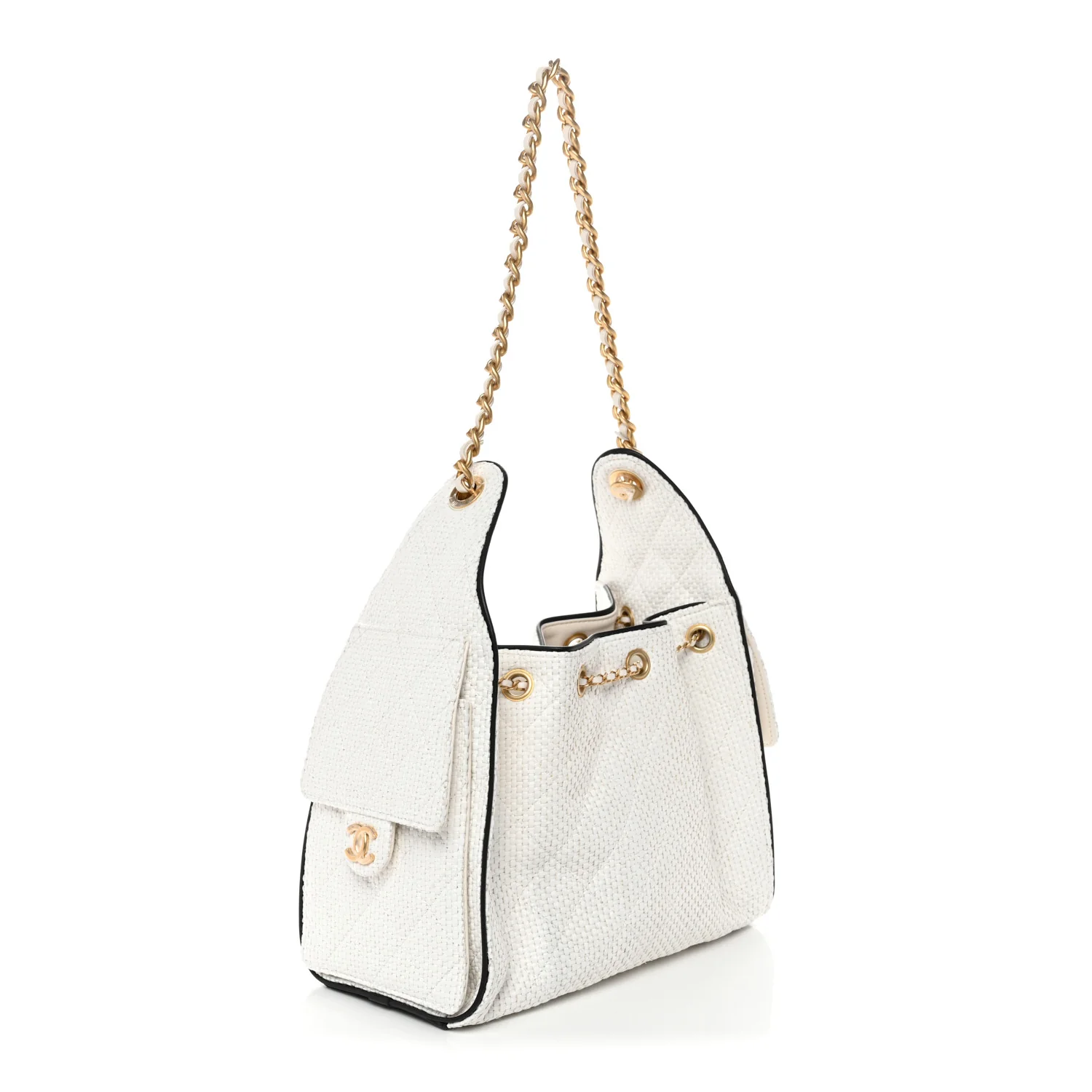 Braided Raffia Calfskin Quilted Small Chanel 25 Handbag White Black - Image 3