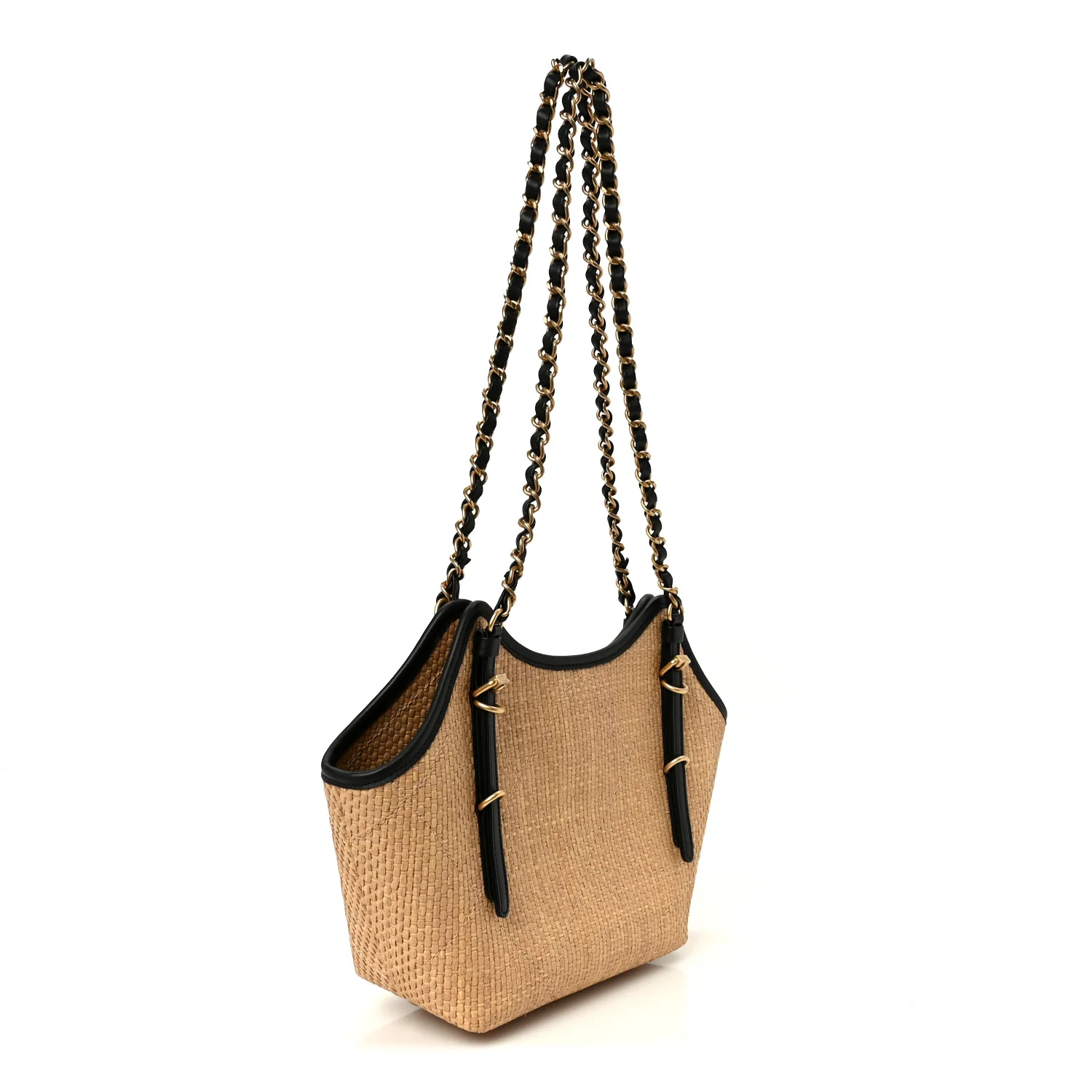 Braided Raffia Stitched Small Shopping Bag Dark Beige Black - Image 3