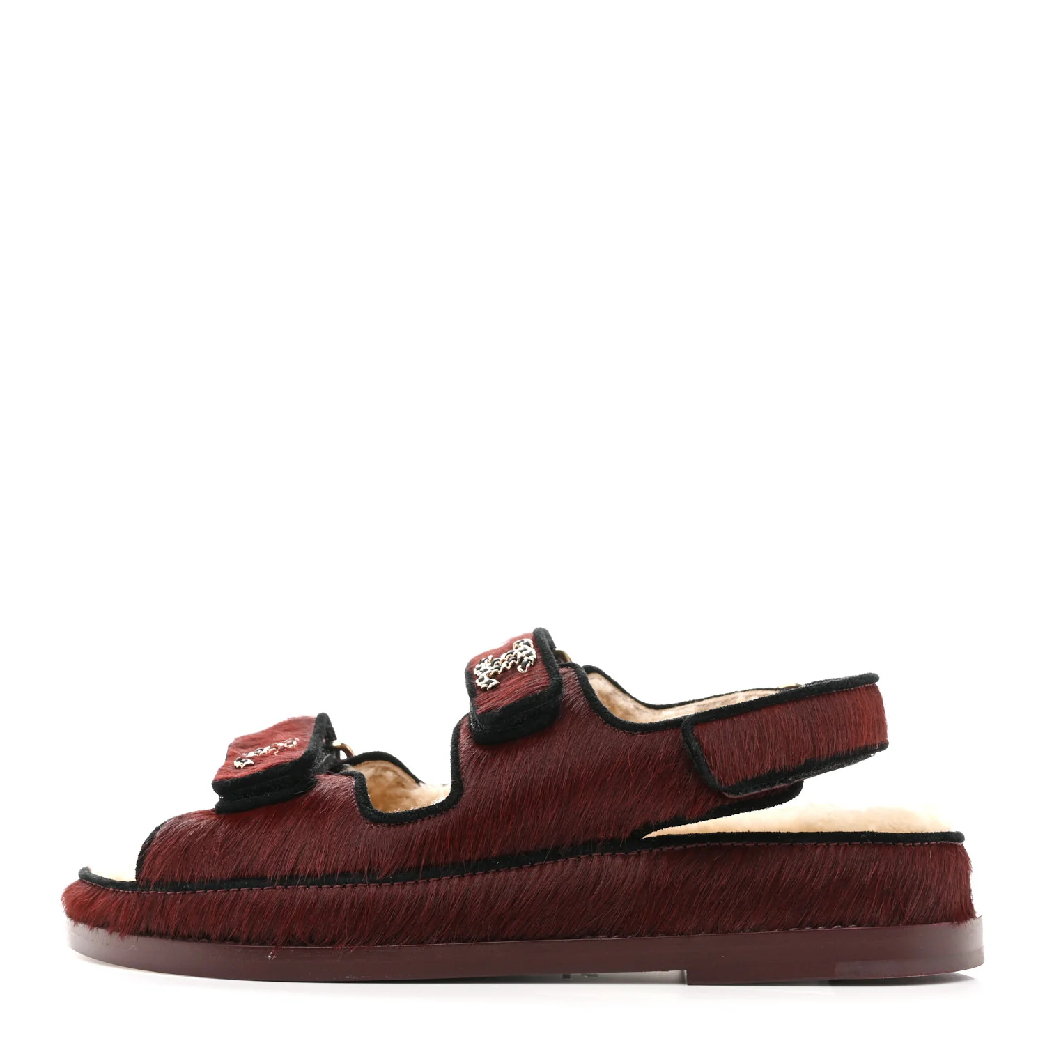 Calf Hair Suede Shearling Dad Sandals 36 Burgundy Black