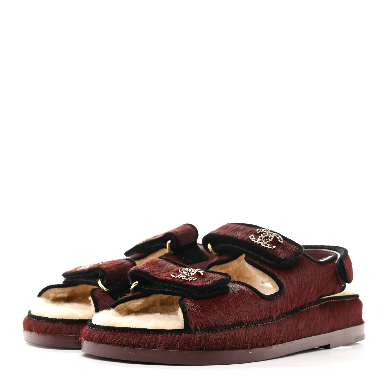 Calf Hair Suede Shearling Dad Sandals 36 Burgundy Black - Image 4