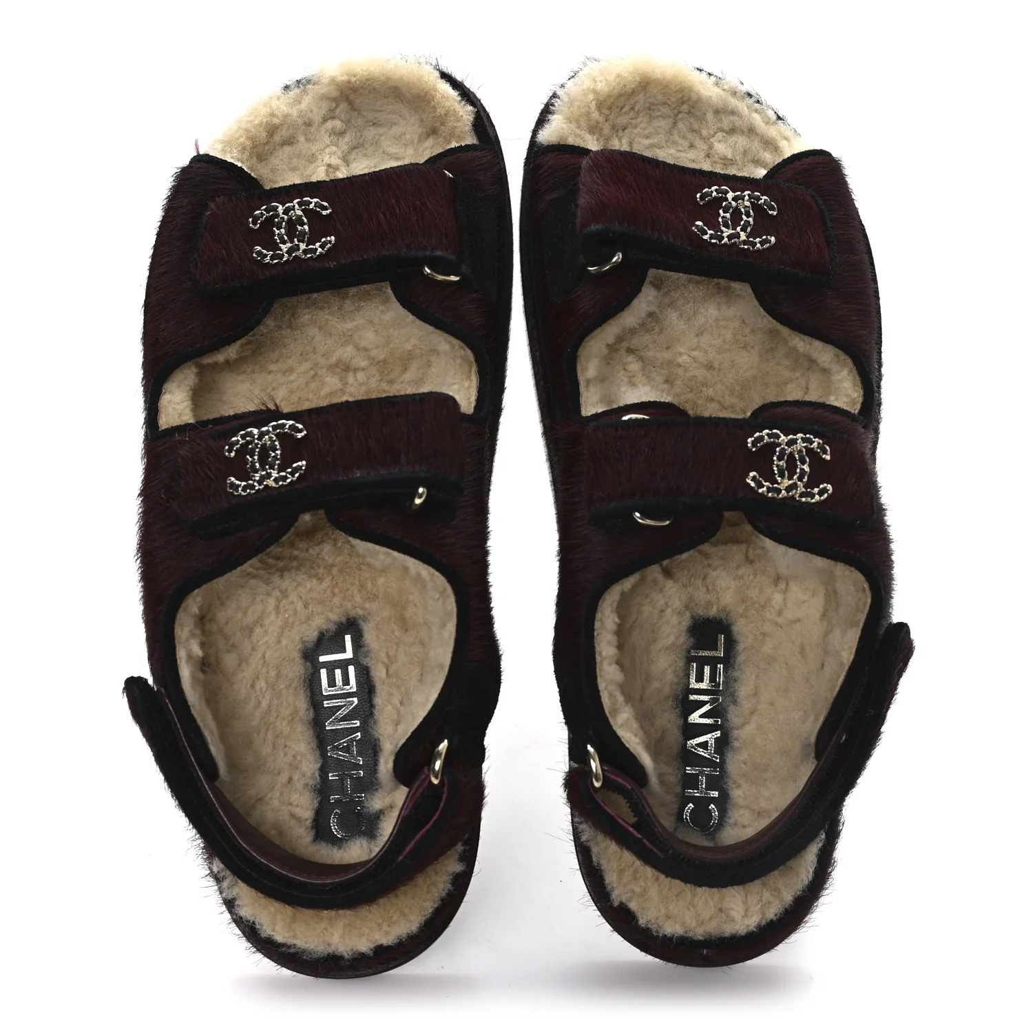 Calf Hair Suede Shearling Dad Sandals 36.5 Burgundy Black - Image 2